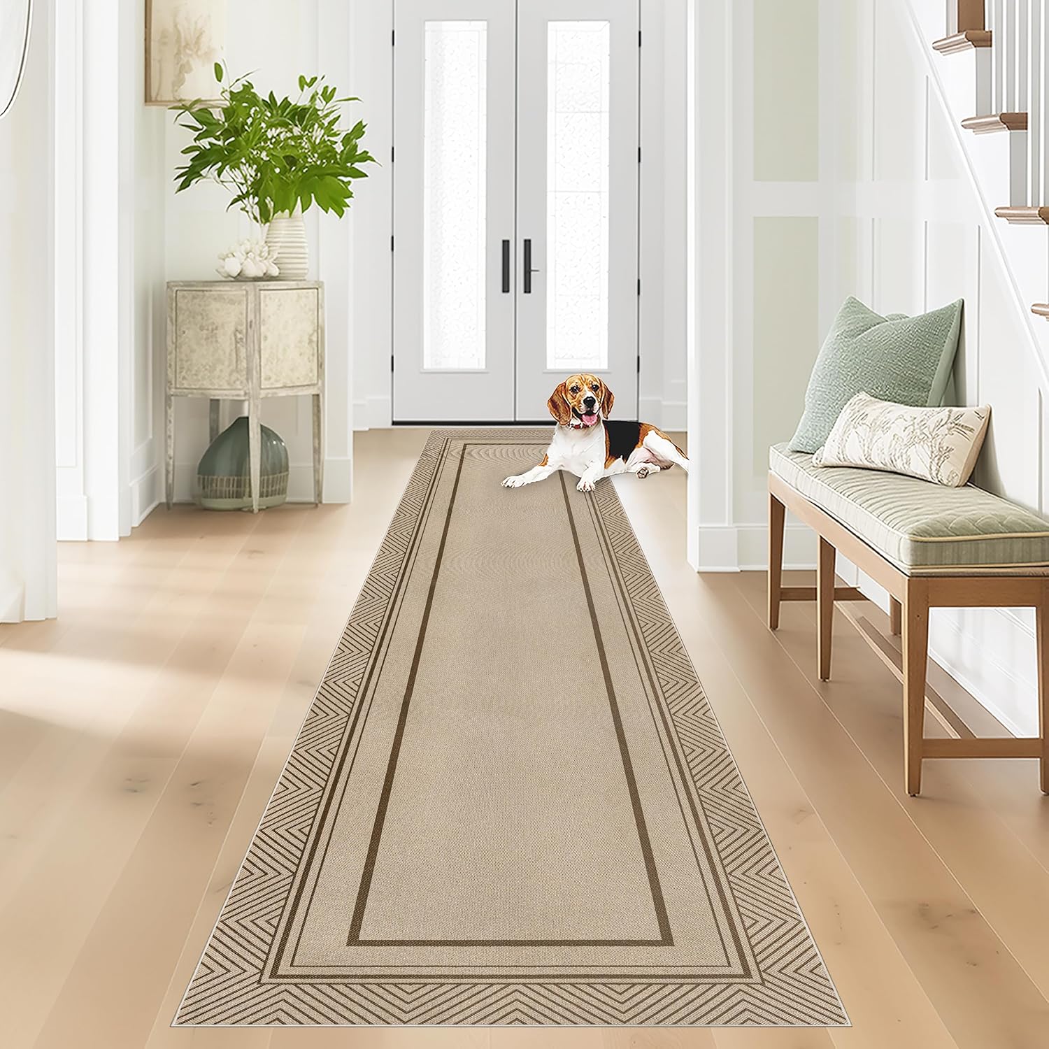 Capslpad 2x8 Hallway Outdoor Rug, Easy Jute Geometry Line Entryway Rug, Farmhouse Washable Non-Slip Rubber Backing, Stain Resistant Low Pile Runners for Hallways, Kitchen, Bedroom, Laundry, Brown