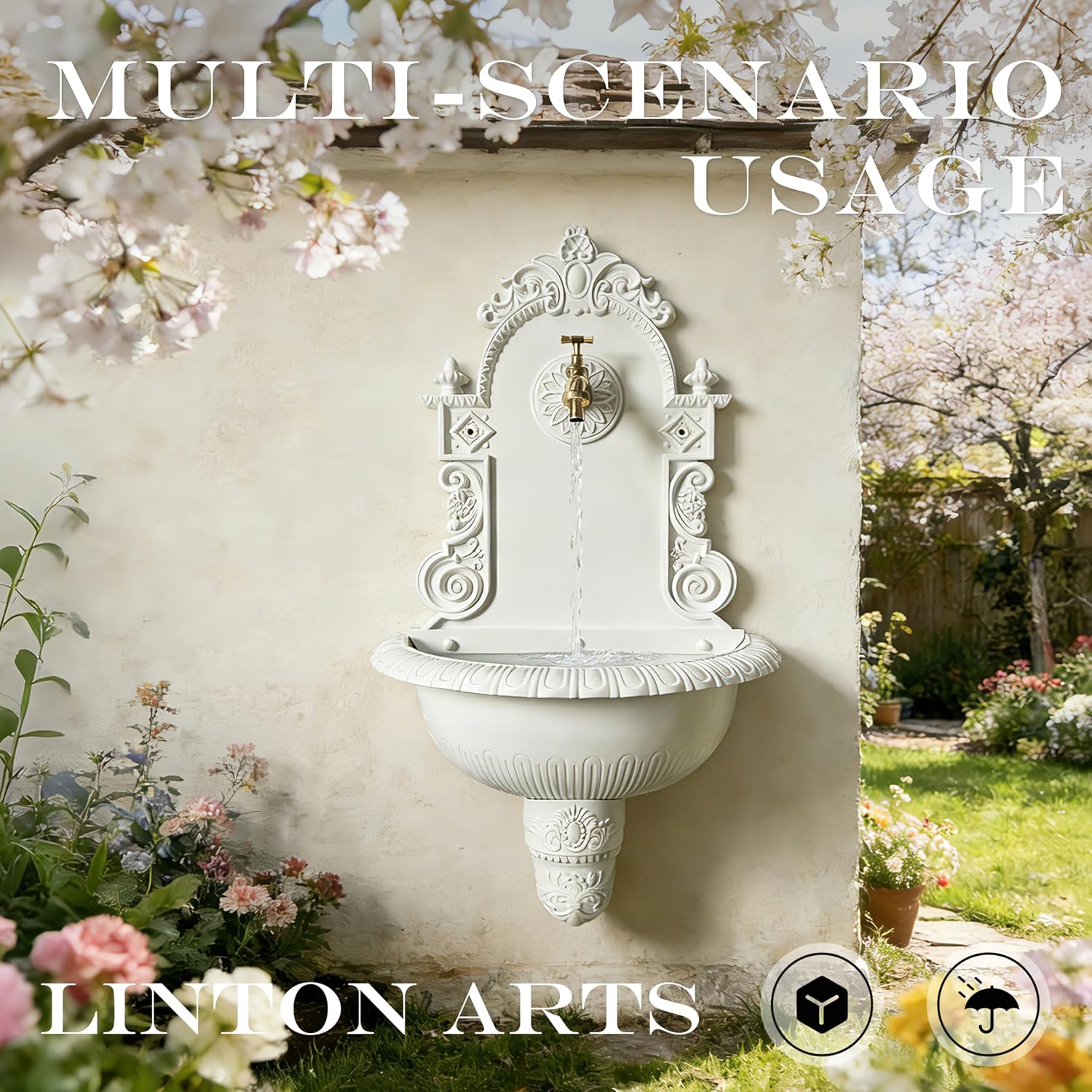 White Vintage European Cast Aluminum Outdoor Water Faucet, Decorative Wall-Mounted Garden Sink with Solid Brass Spout, Multi-Functional Yard Hydrant for Patio, Garden, Pet Use