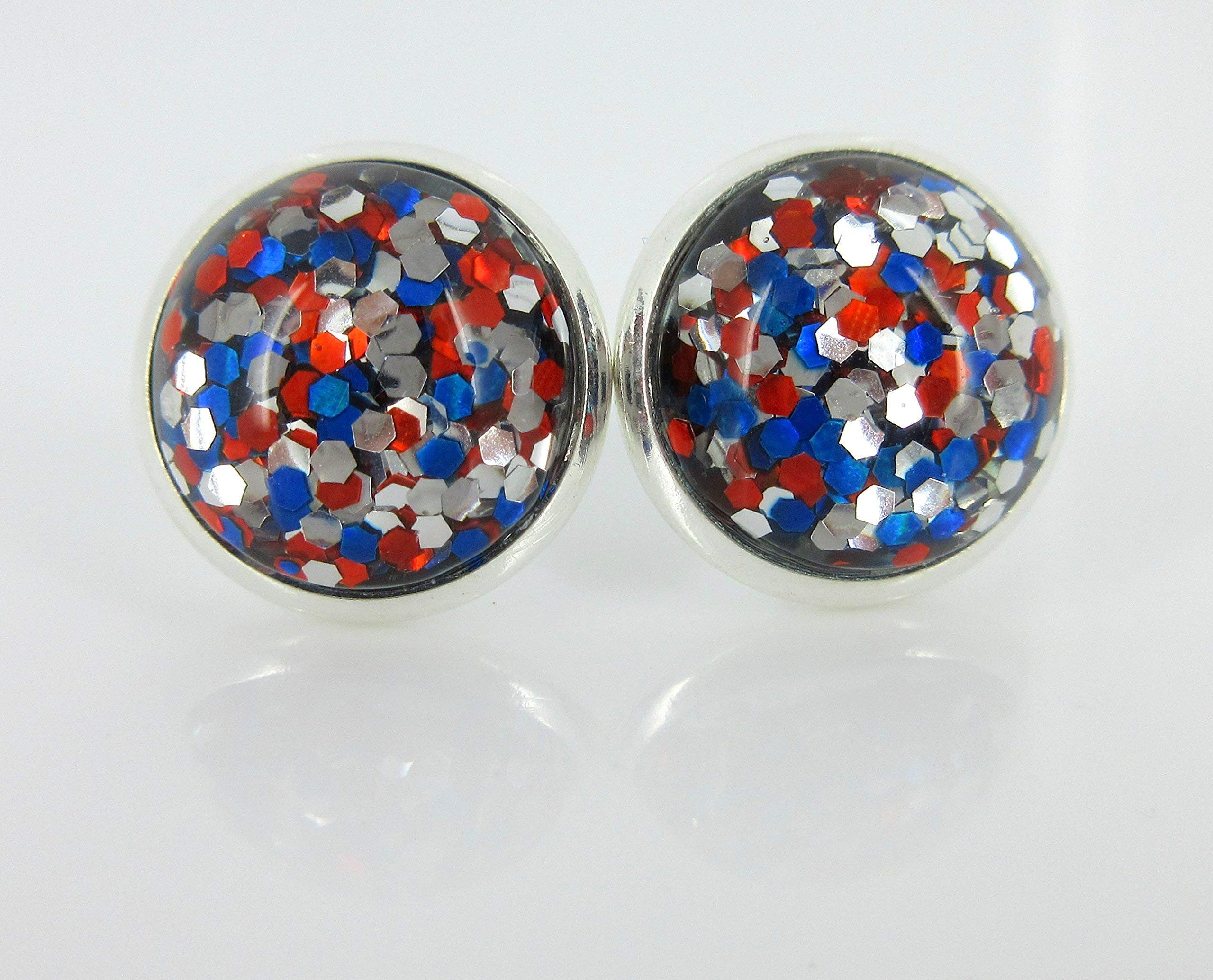 Summerfield CollectionSummerfield Collection Silver-tone Patriotic Glitter Resin Stud Earrings Red Blue USA (12mm)
