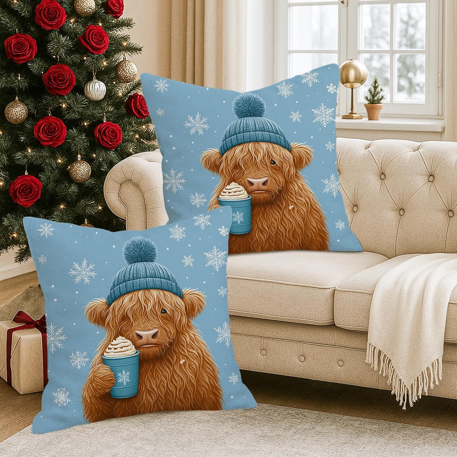 Highland Cow Throw Pillow Covers, Winter Fanciful Snowflakes Winter Hat Blue Soft Velvet Washable Accents Pillows Cases for Living Room Bed Office Sofa Chair Decor 28x28 Inch