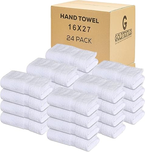 GOLD TEXTILES Toallas de mano blancas de alta calidad (paquete de 24, 16 x 27 pulgadas), toallas de salón de lujo, uso multiusos para baño, manos,