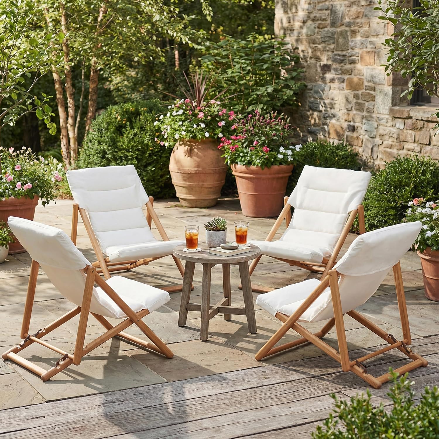 Folding Wooden Lounge Chairs Set of 4, Outdoor Adjustable Reclining Patio Beach Chair with Thick Cushion, Portable Deck Lounge Chair for Backyard Lawn Pool Camping Balcony, Beige