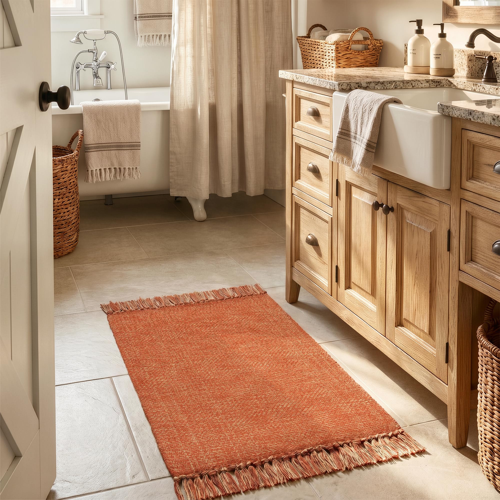 Photo 1 of Collive Small Bathroom Rug 2' x 3', Modern Farmhouse Kitchen Mat Hand-Woven Washable Entryway Rugs, Reversible Low Profile Front Door Mat Terracotta Fall Carpet for Porch Back Bedroom Decor