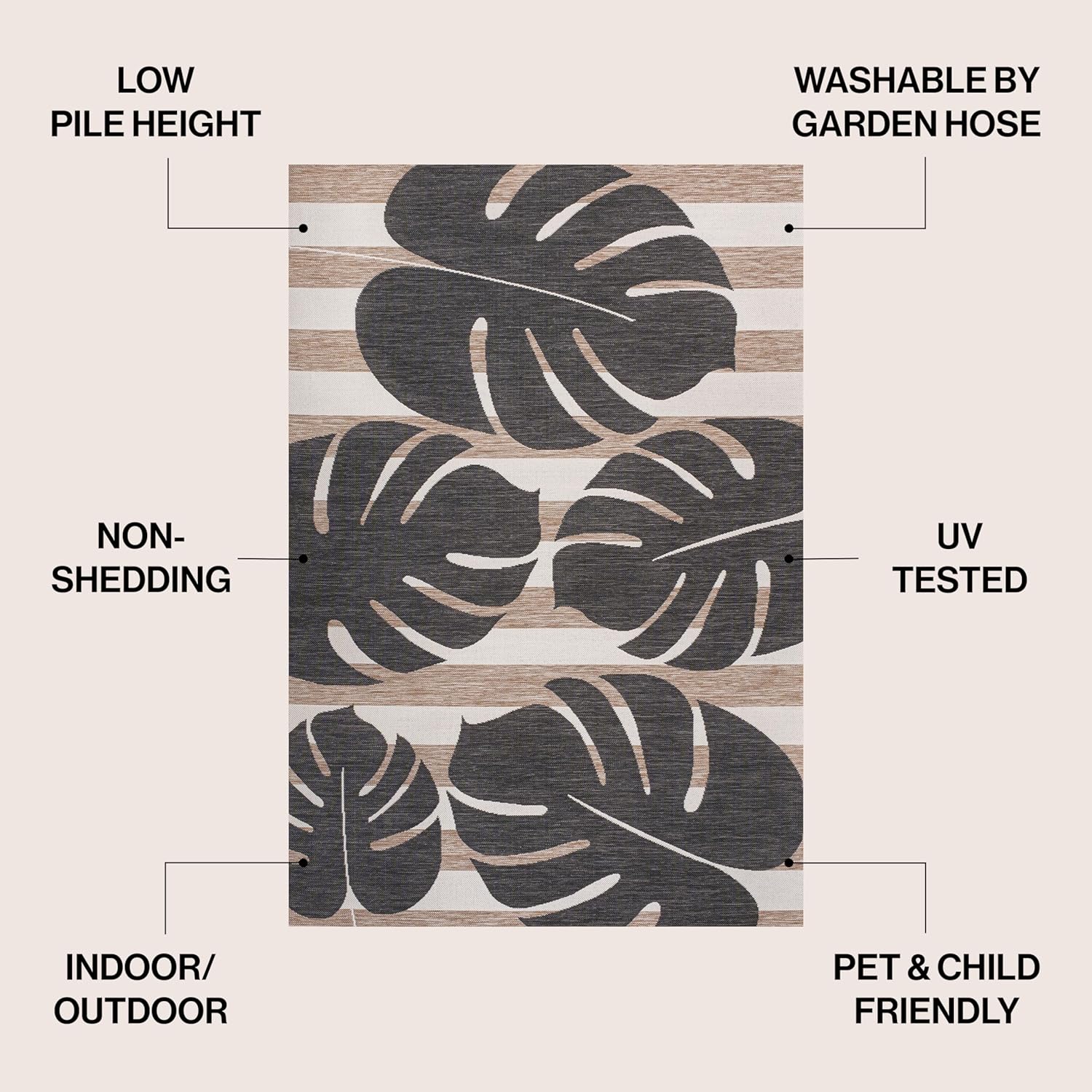 JONATHAN Y Beach Stripe and Monstera Leaf Indoor Outdoor Area Rug 4X6 Black/Beige, Allison Classic for Backyard, Patio, Porch, Easy-Cleaning, High Traffic, Pet-Friendly, Non-Shedding (TSN400A-4)