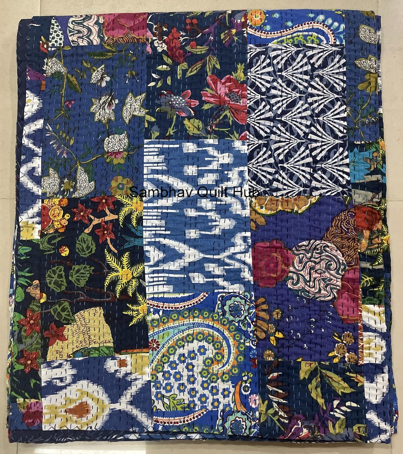 Handblock Print Multi Floral Assorted Cotton Patchwork Kantha Quilt Home Decorative Handmade Patch Quilted King Size Bohemian Bedding Throw Blanket Vintage Quilt (60X90 inches)