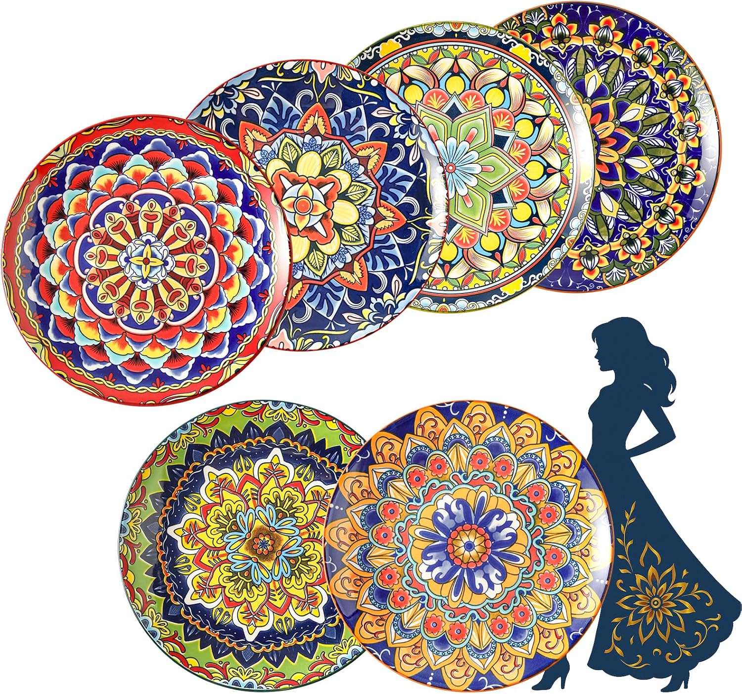 Colorful Ceramic Plate Set of 6 – 8.7 Inch Bohemian Porcelain Plates for Serving Dessert, Appetizer and Salad – Microwave and Dishwasher Safe - Perfect for Party, Daily Meals and Gift Occasions