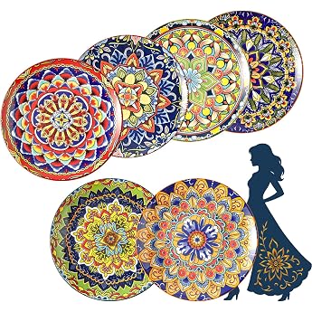 AHX Ceramic Plate Set for 6 People - Modern Boho Dessert Plates Salad Plates Breakfast Plates & Cake Plates - Colourful Flower Plate Set for Breakfast Cake Salad & Appetizers - 22 cm
