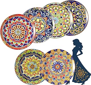 AHX Colorful Ceramic Plate Set of 6 – 8.7 Inch Bohemian Porcelain Plates for Serving Dessert, Appetizer and Salad – Microwave and Dishwasher Safe - Perfect for Party, Daily Meals and Gift Occasions
