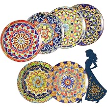 Colorful Ceramic Plate Set of 6 8.7 Inch Bohemian Porcelain Plates for Serving Dessert, Appetizer and Salad Microwave and Dishwasher Safe - Perfect for Party, Daily Meals and Gift Occasions