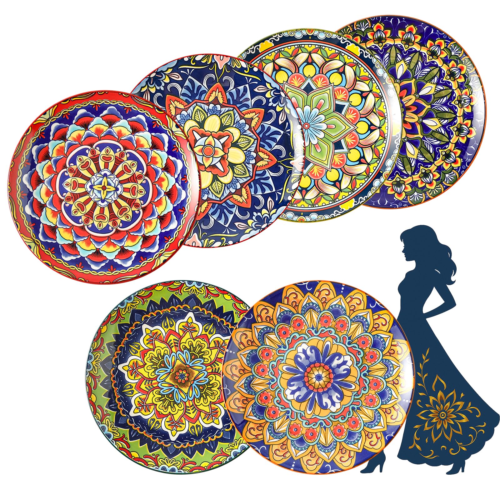 AHX Platos de Postre Colores de Cerámica - Juego de 6 Platos para Ensalada en Estilo Bohemio - Ideal para Servir Desayuno, Aperitivos y Tapas - Apto para Microondas y Lavavajillas - 22 cm