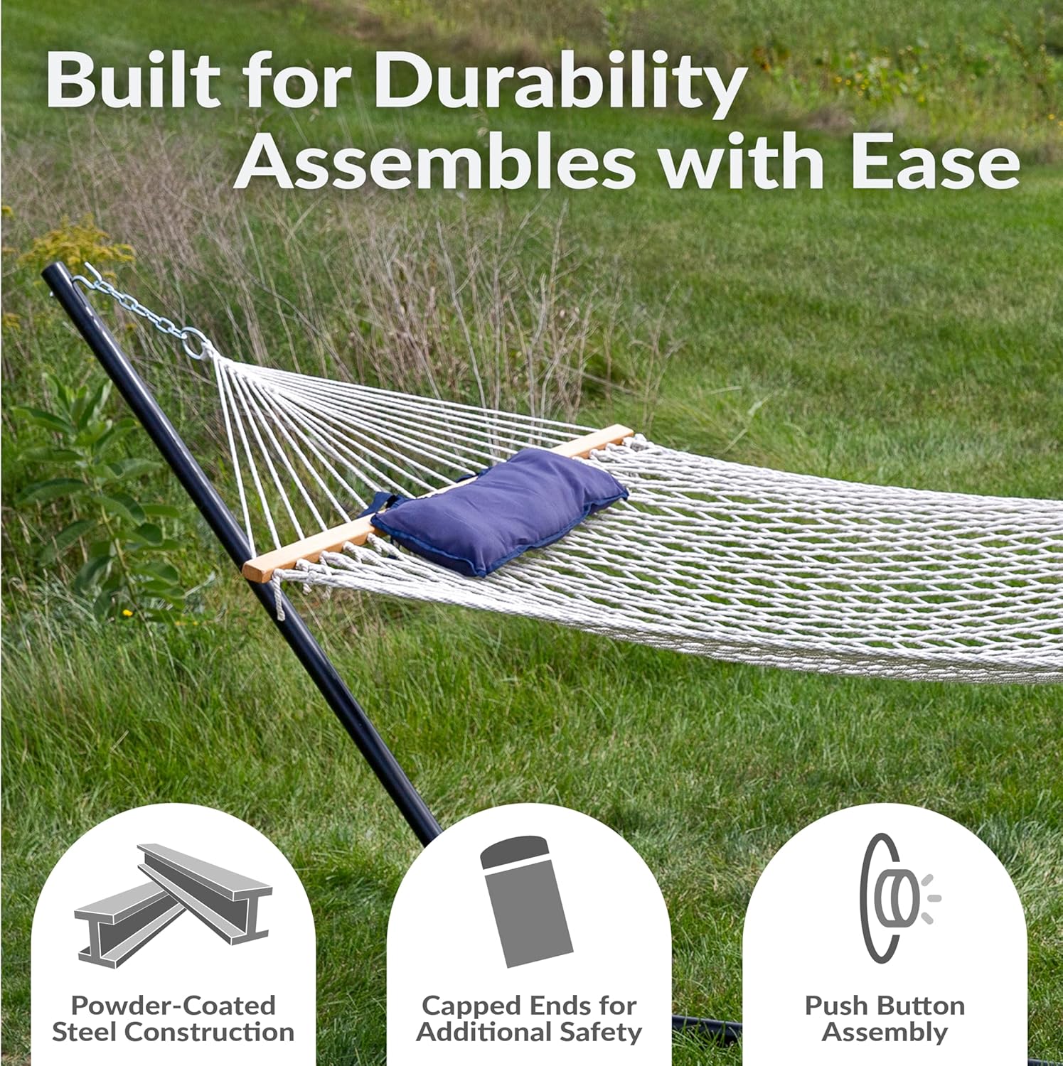 Sunnydaze Rope Hammock with Stand for Outside- 275-Pound Capacity - Includes 12-Foot Hammock Stand, Spreader Bar, Pad, and Pillow - Lakeview