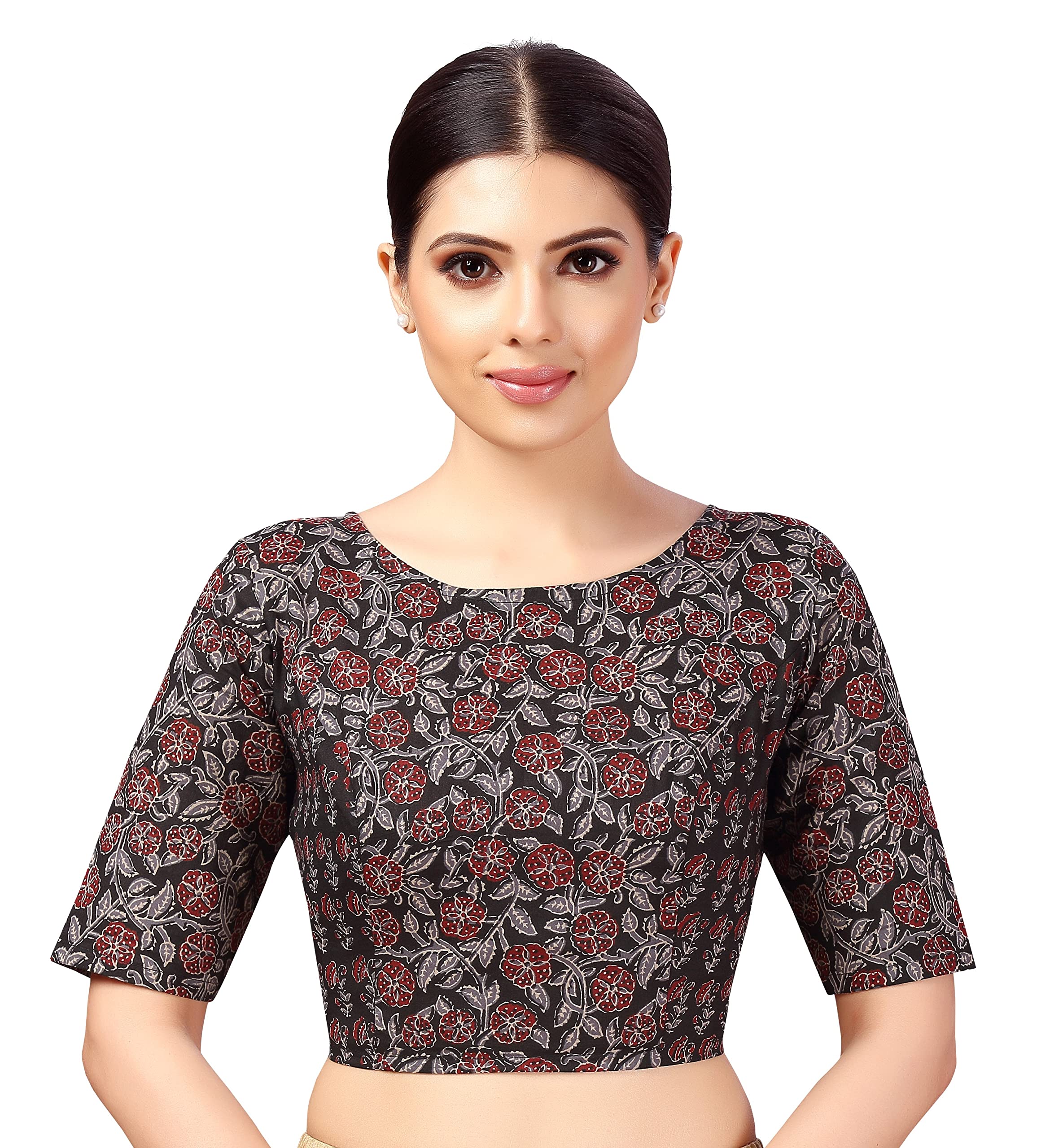 studio shringaar Women's Readymade Cotton Elbow Length Sleeves Block Printed Boat Neck Saree Blouse-picture-18