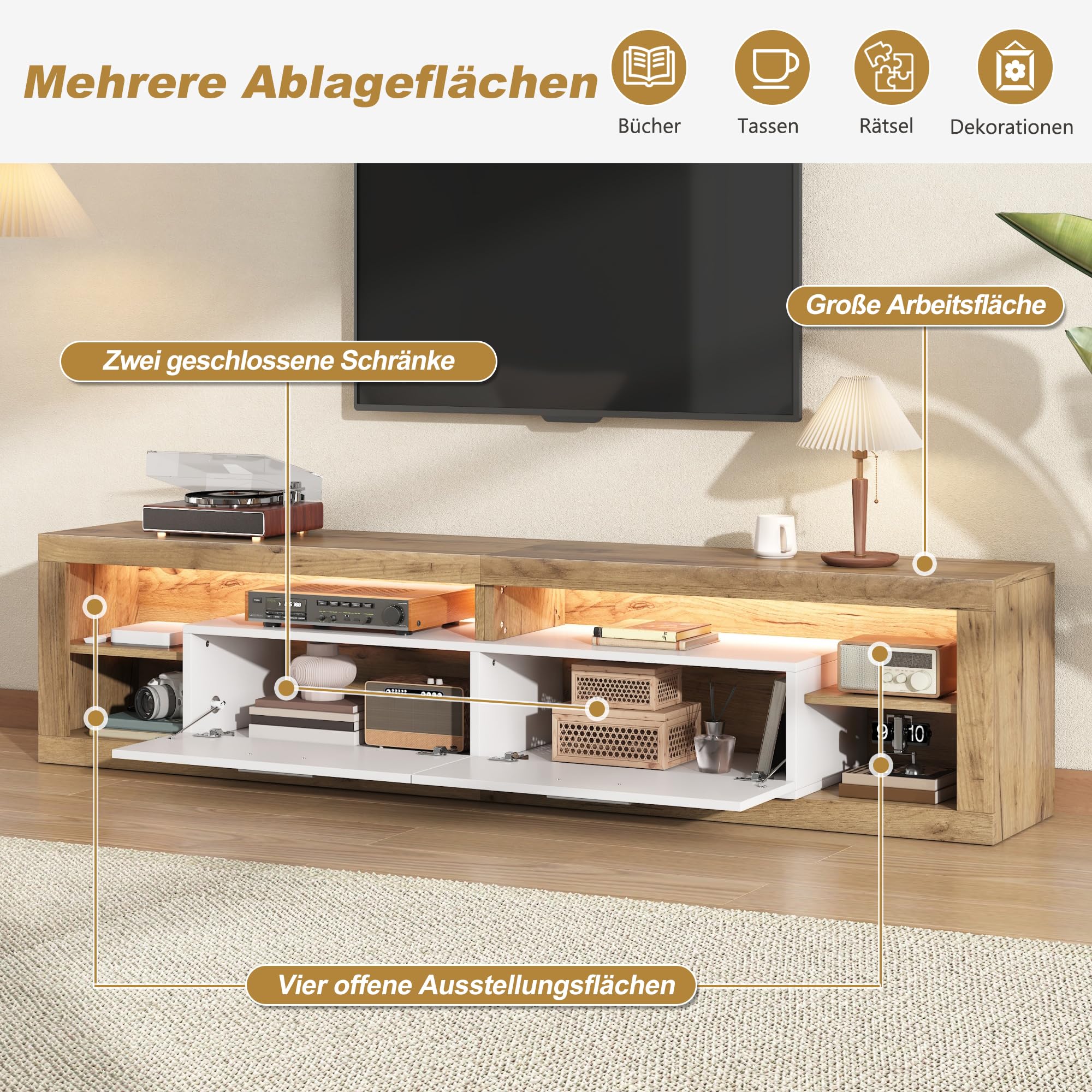 Meuble TV 180 cm, Meuble Tele avec LED Connectée (APP), 2 Tiroirs, 4 Étagères Ouvertes, pour TV 75 Pouces, Bois Clair et Blanc, 180x35.5x50 cm