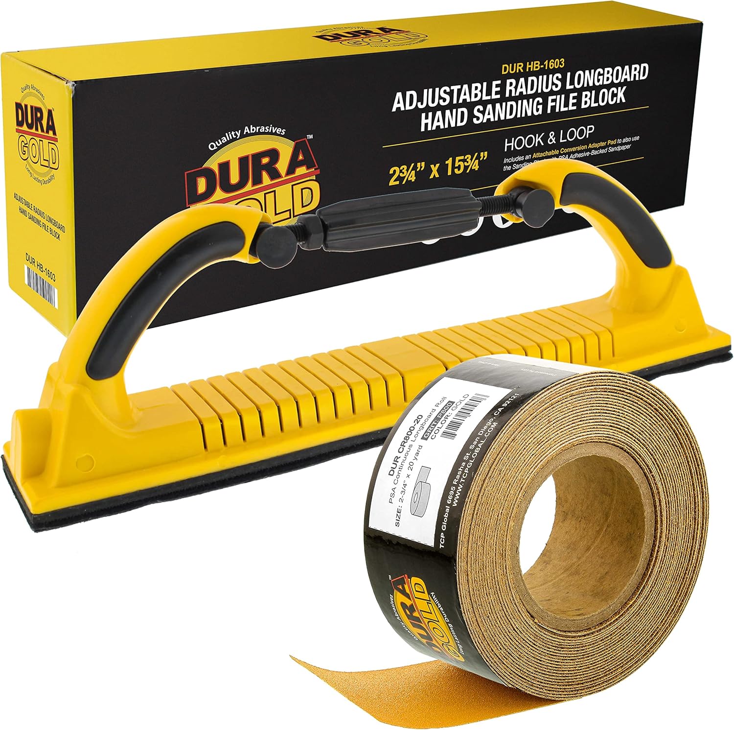 Dura-Gold Pro Series Adjustable Radius Flex Longboard Hand Sanding File Block with Hook & Loop Backing and PSA Backing Adapter Pad & 800 Grit PSA Longboard Sandpaper 20 Yard Roll, 2-3/4" Wide
