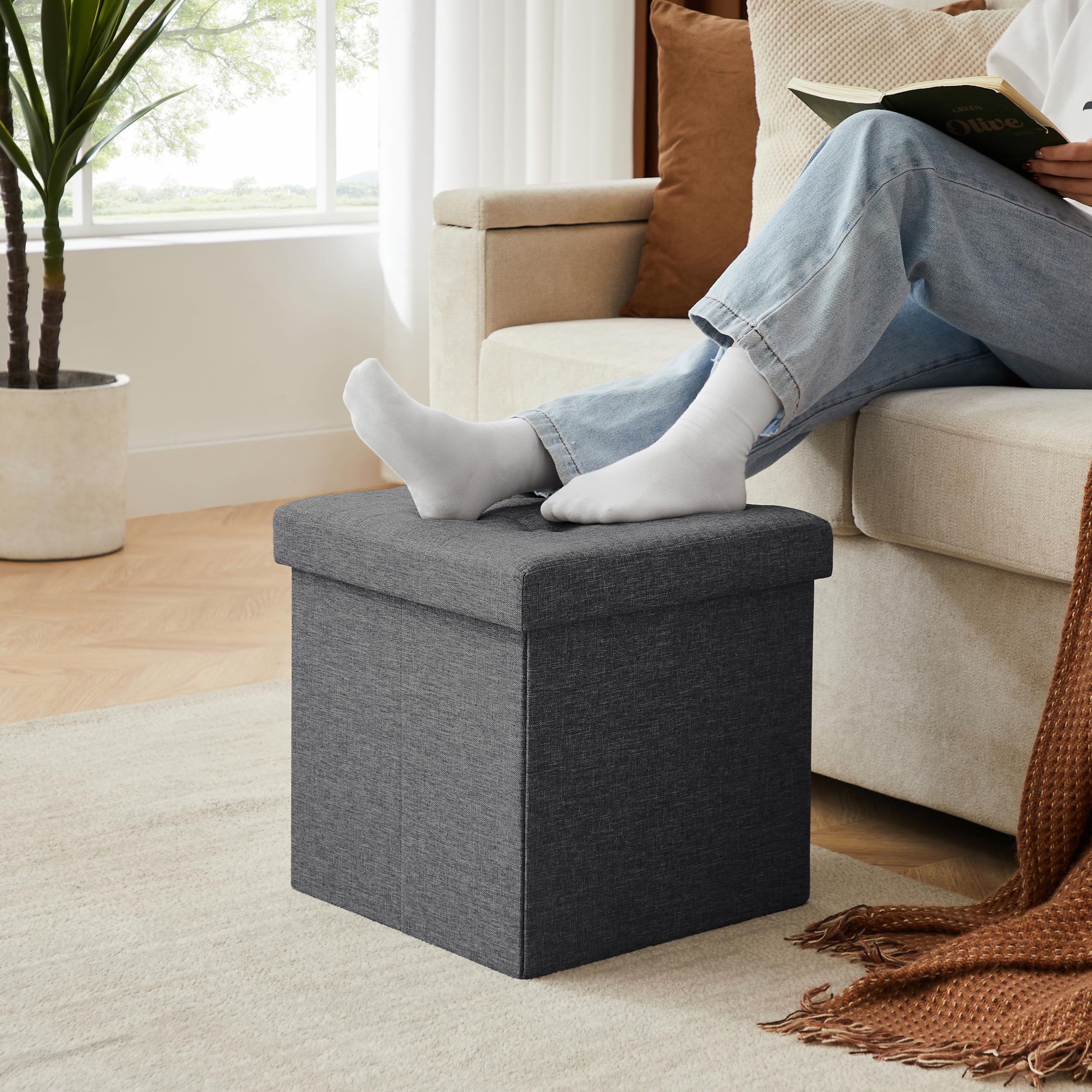 Zedelmaier Sitzhocker mit Stauraum, Fußhocker, Sitzwürfel, Sitzbox, Ottoman, Fußbank Truhen Aufbewahrungsbox faltbar belastbar bis 300 kg, Leinen, 38 x 38 x 38 cm (Dunkelgrau)