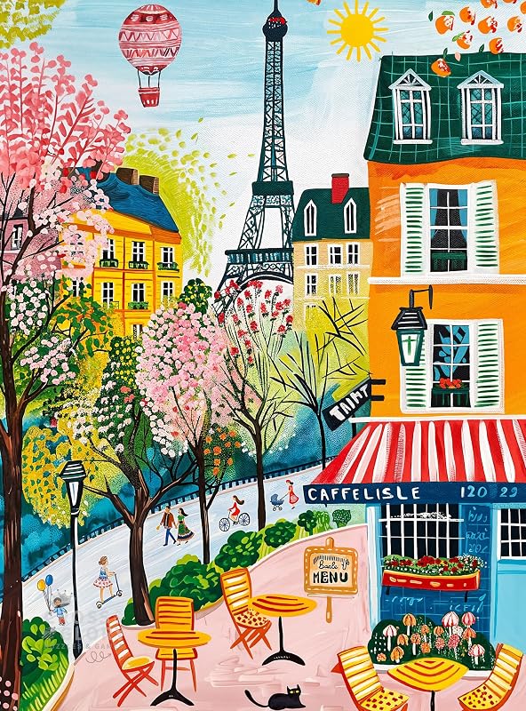 Cross & Glory | Jigsaw Puzzles for Adults | Morning at Café Lisle | Paris Folk Art Puzzle | Bright Eiffel Tower Café Scene | 2mm Thick Pieces | Bonus Reference Poster | Satin Finish | Ages 14+