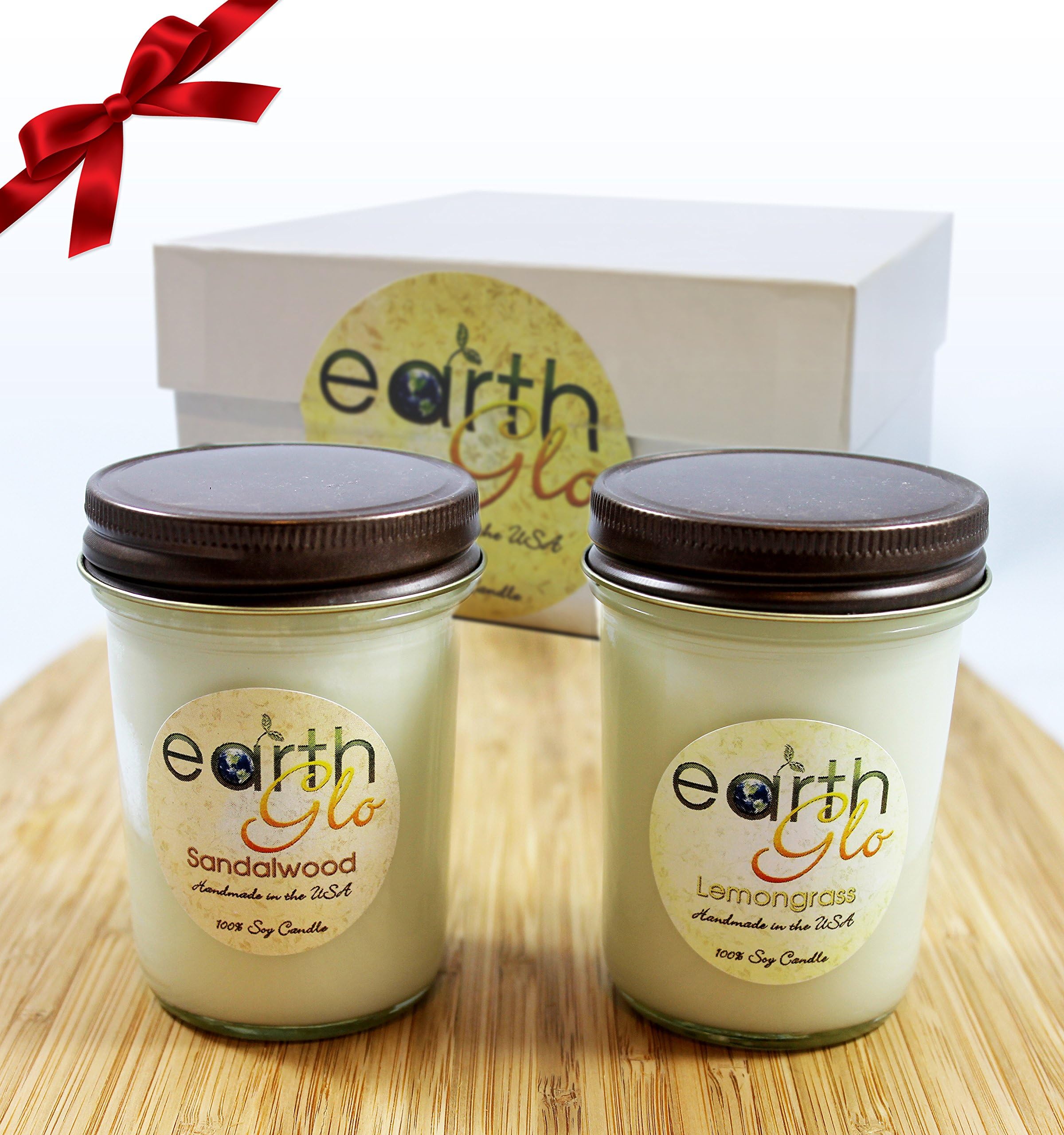 100% Soy Candle Set ~ Two 8oz Jar Candles Lemongrass and Sandalwood ~Two Scented Candles in Gift Box! A Delicious Duo of Soy Candles with Lead Free Cotton Core Wicks!