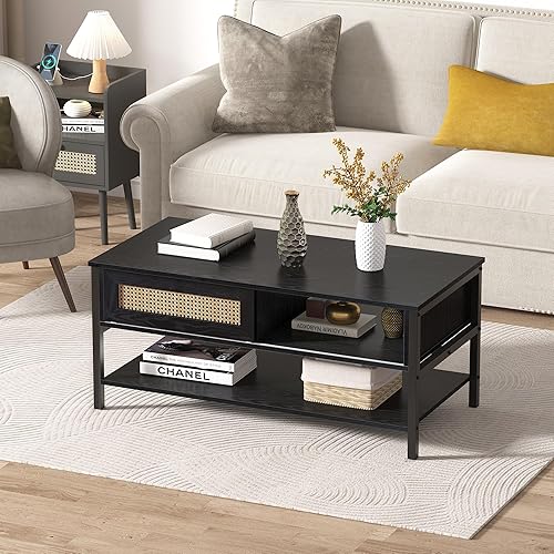 Miniatura 8 de Mesa de centro con puertas correderas de ratán natural, mesa de centro moderna de mediados de siglo con almacenamiento, mesa de centro de madera