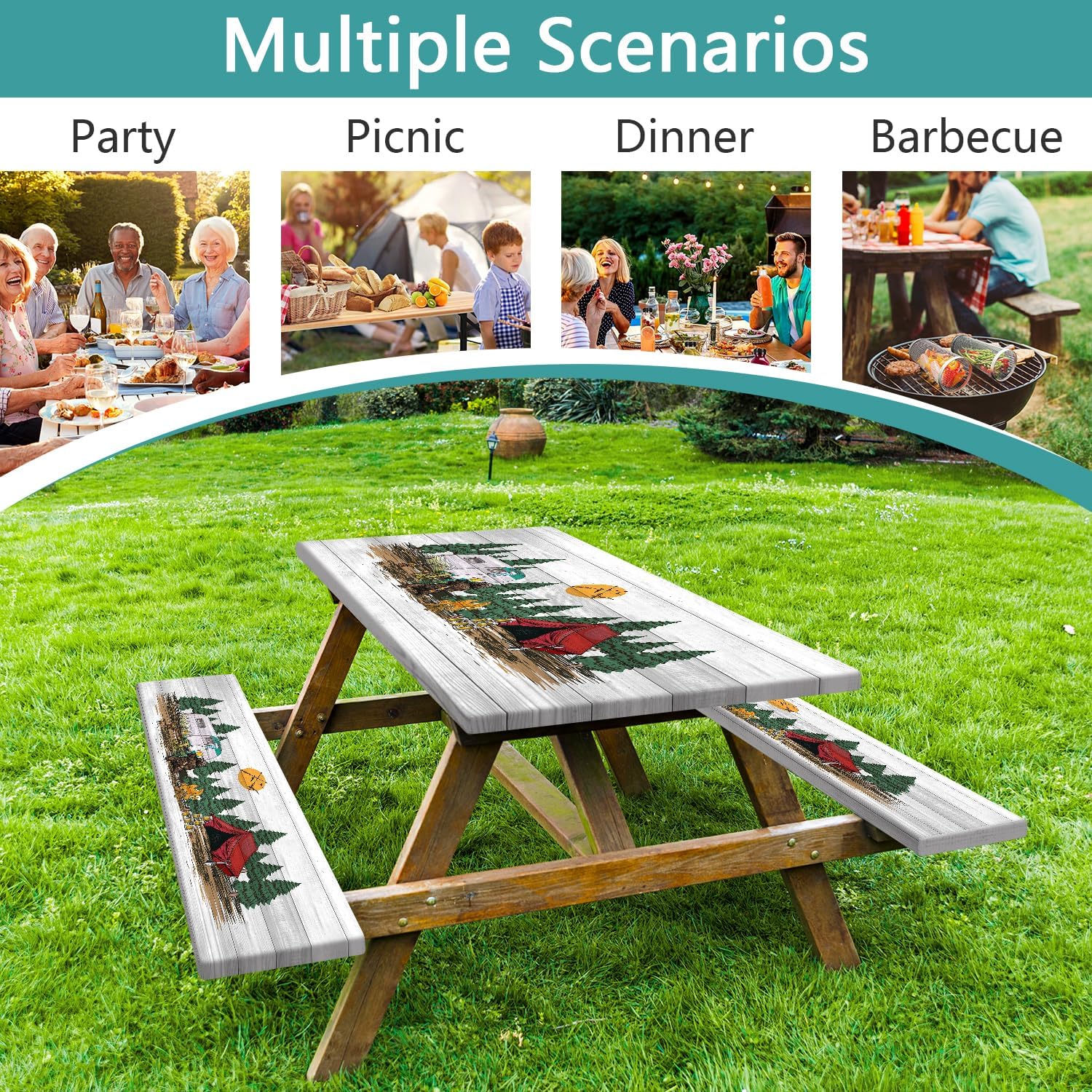 Picnic Table Cover with Bench Covers Elastic Edges, Cabin Wooden Bear Camper Fitted Table Cover, Outdoor Patio Camping Essentials 72 Inch 3PCS, Waterproof Camping