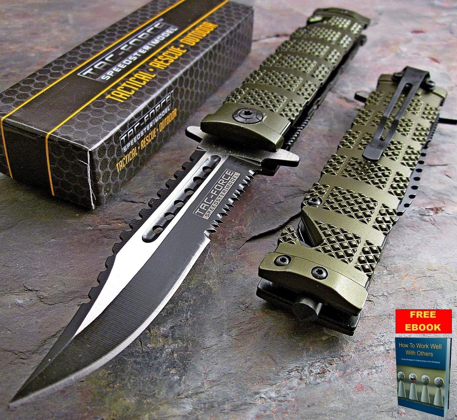 Pocket Knife Folding Tactical Rescue Knife Spring Assisted Open TAC FORCE GREEN Sawback Bowie TF-710GN + free eBook by Only US