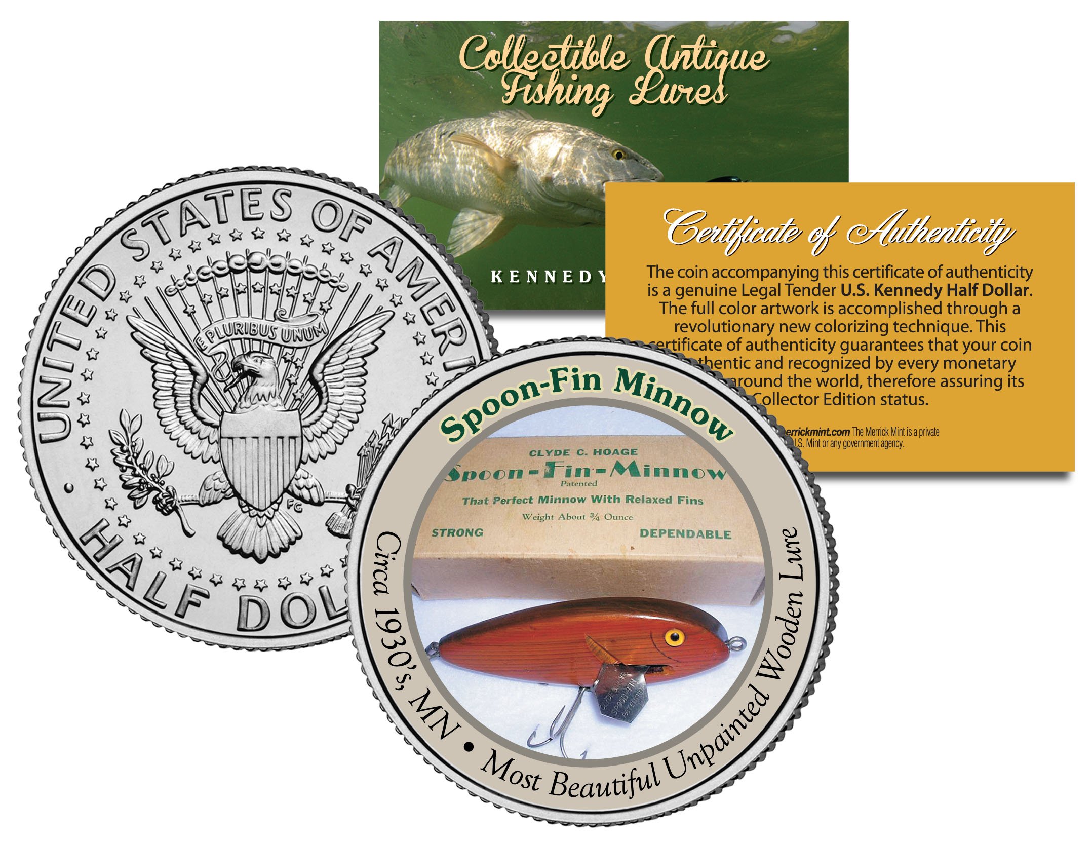 SPOON-FIN MINNOWCollectible Antique Fishing Lures JFK Half Dollar US Coin COA : Everything Else