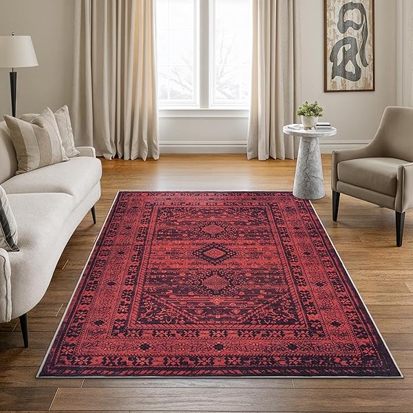 Traditional Bordered Washable Red Rug