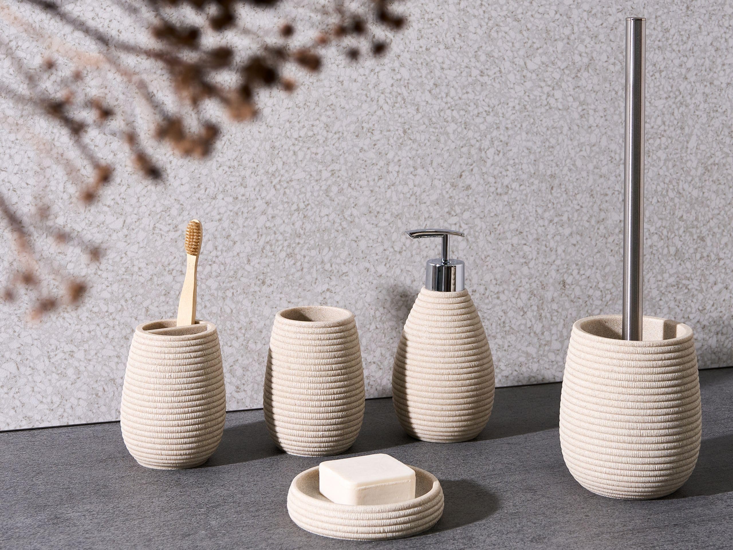 Conjunto de Accesorios de baño jabonera dispensador de jabón escobilla de Inodoro Vaso Soporte para cepillos de Dientes Beige Claro Quila
