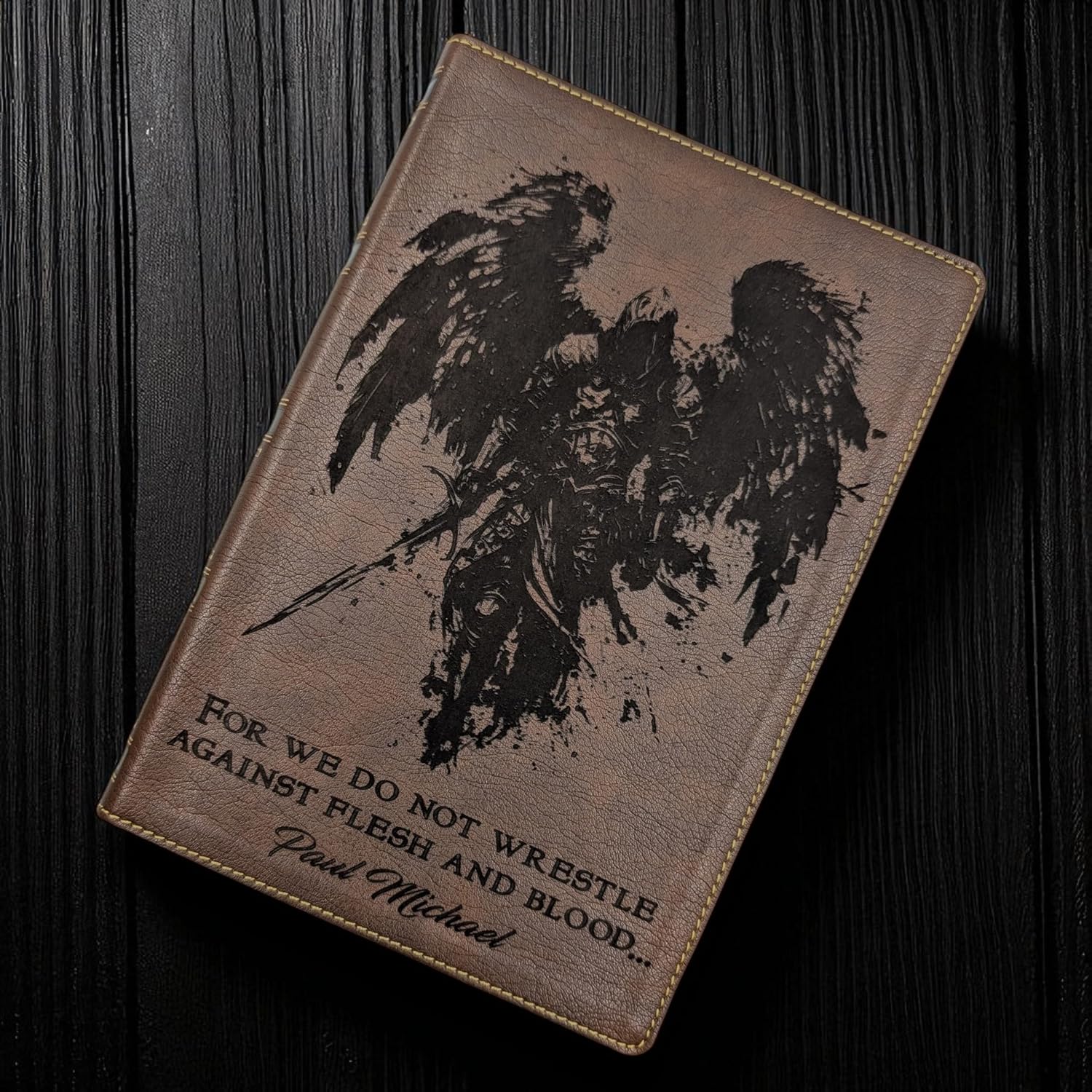 J2 Custom Creations Personalized NKJV Bible Engraved Michael the Archangel and Custom Name | Brown Leatherlik | Wide Margins for Journaling | Gold-Gilded Edges | Red Letter