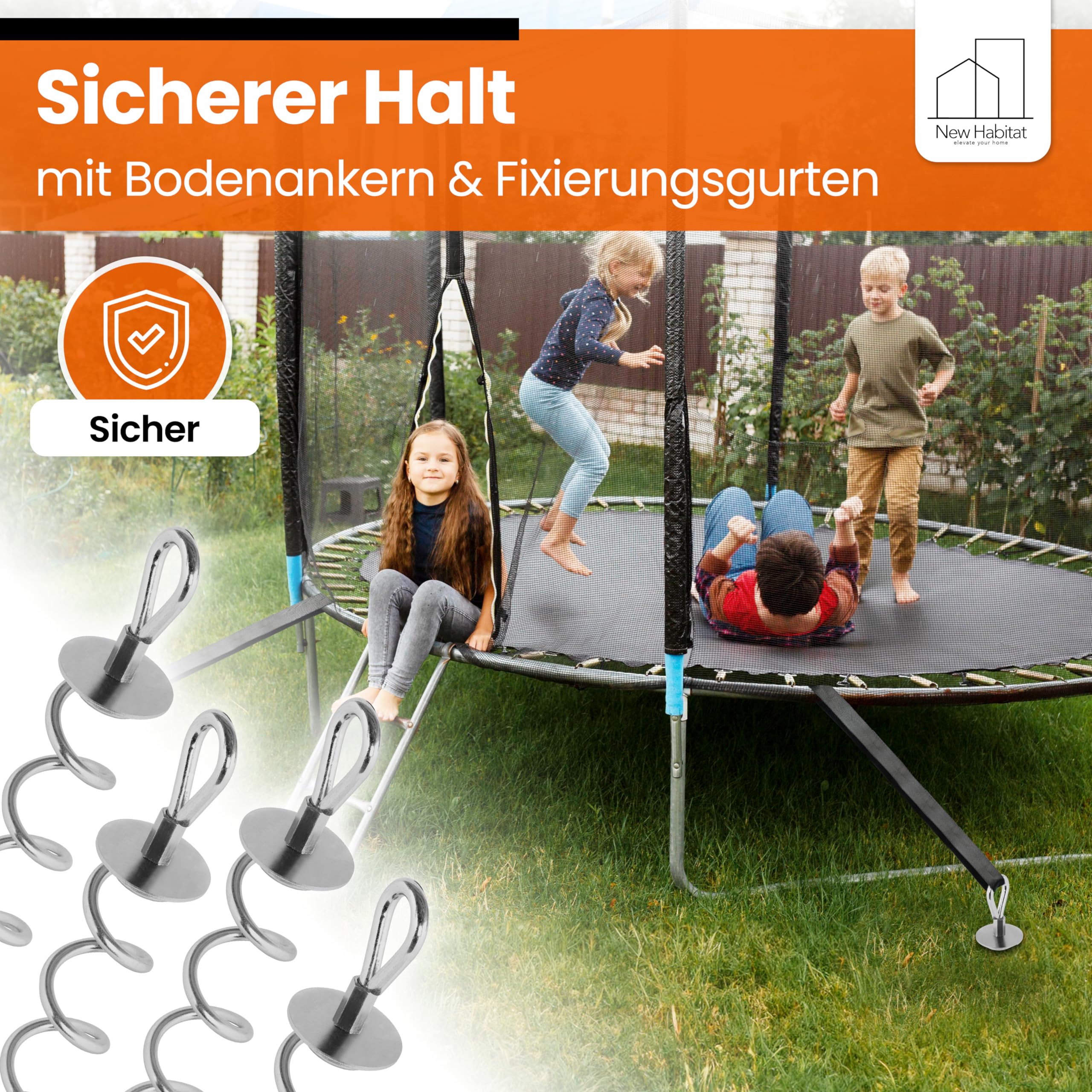 NewHabitat | 8X Erdanker Bodenanker aus Stahl inkl. Gurte | Erdanker Set für Trampolin, Zelt, Pavillion & Schaukel, 18-teiliges Set, 38cm