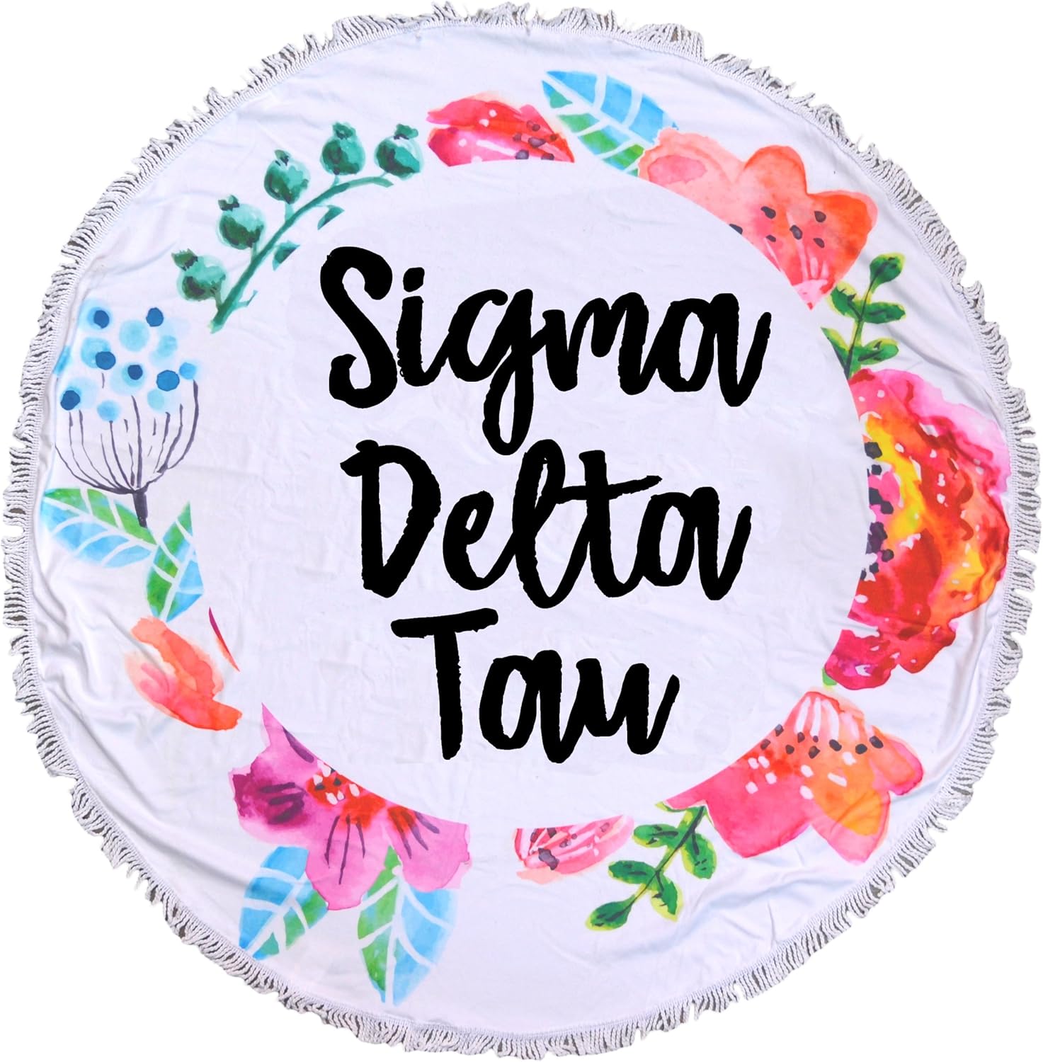Sorority Shop Sigma Delta Tau Floral Design Round Beach Towel with Fringes - 60", Round Beach Blanket, Soft Microfiber, Lightweight and Durable SDT Beach Towel Blanket, Water Absorption, Quick Dry