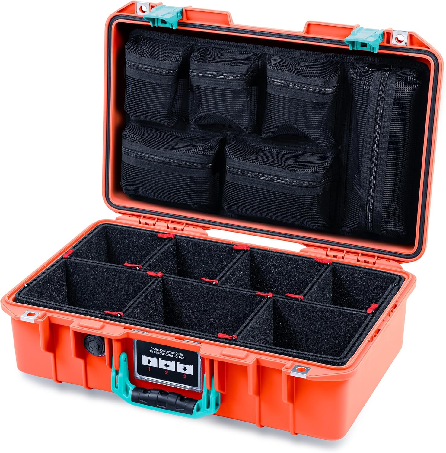Pelican Orange and Black 1485 Air case. Comes with TrekPak Dividers & Mesh Lid Organizer.