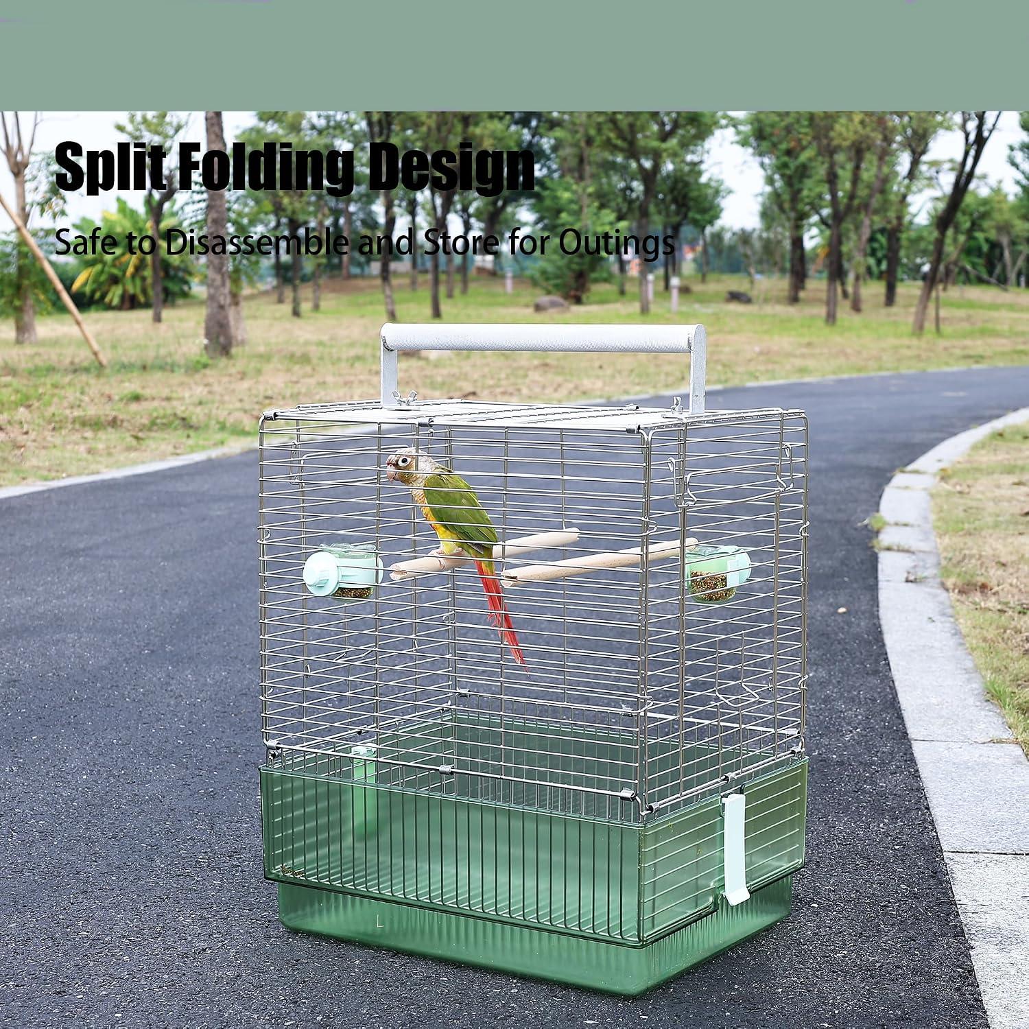 304 Stainless Steel Travel Bird Cage, 17 Inch Foldable Carrier for Conures Cockatiels Grey Parrots Caiques, with Aluminum Handle Perch (Green, Large Birdcage)