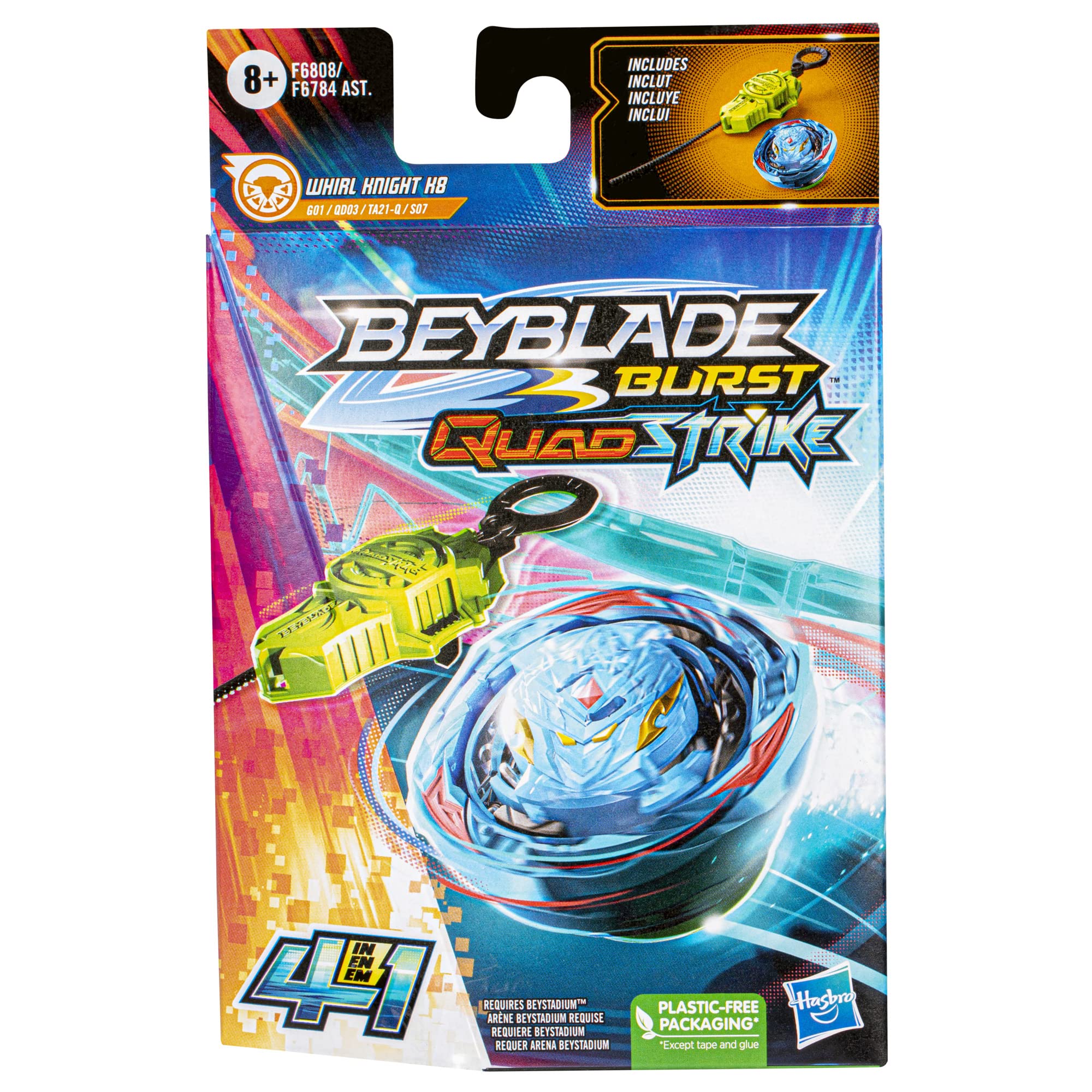 Beyblade Burst QuadStrike, Starter Pack avec toupie de compétition Whirl Knight K8 et Lanceur