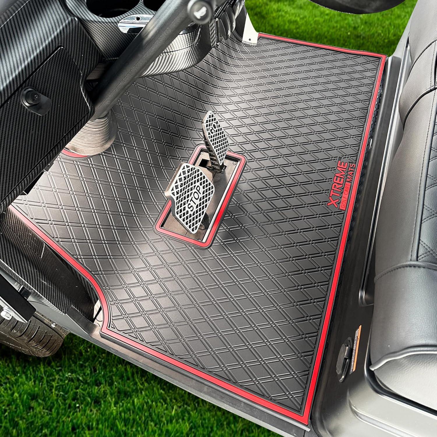 Xtreme MATS Premium Golf Cart Mats Compatible with ICON Epic Models - Custom Fit, Durable Protection, Rubber Floor Liner Protects Factory Flooring (Red Trim)