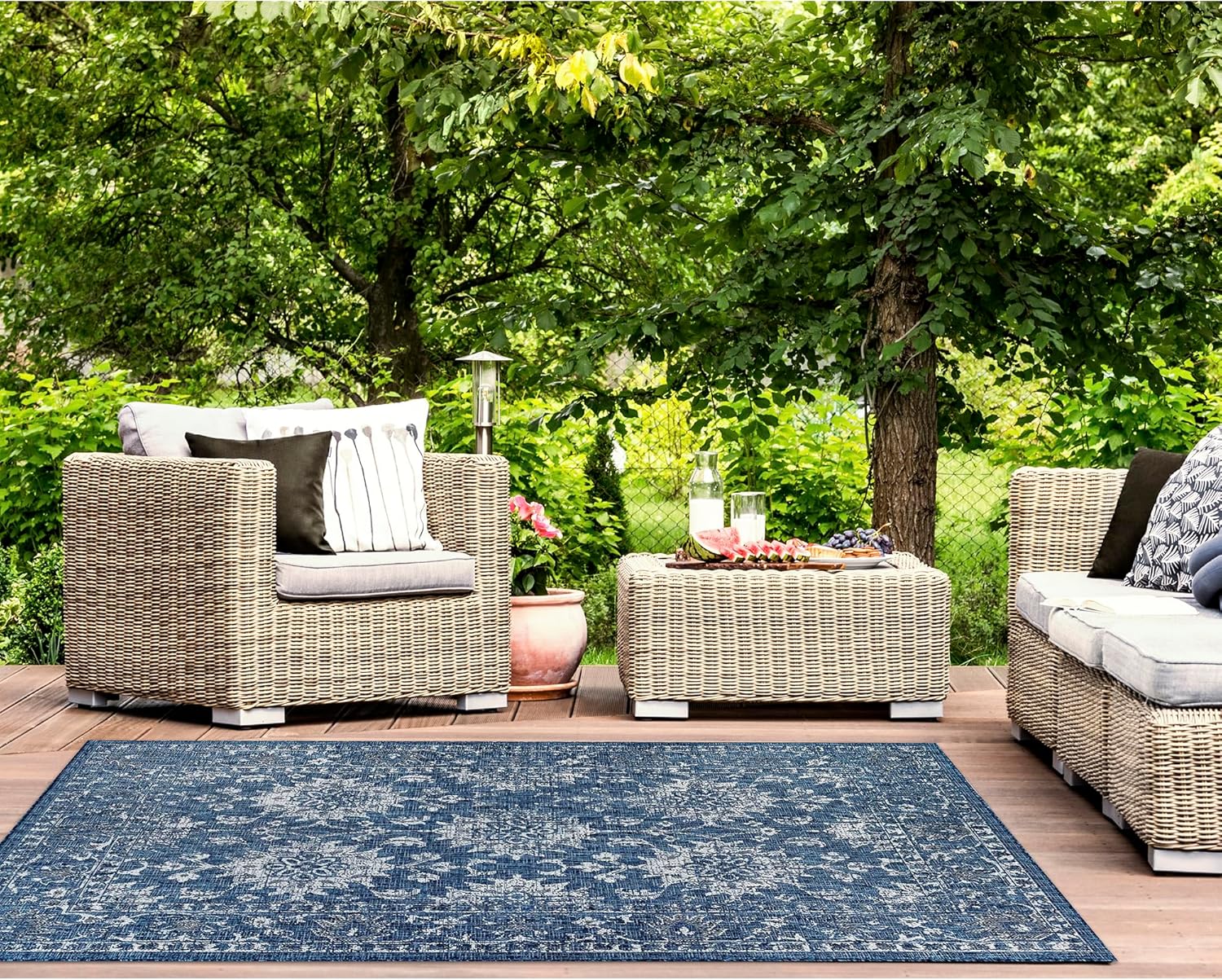 Liora Manne CARMEL Indoor/Outdoor Power Loomed Synthetic Blend Low Profile Area Rug - Traditional Medallion Botanical Floral Decorative (Vintage Floral Navy) (7'10" x 9'10")