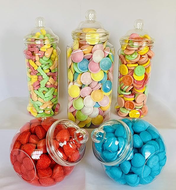5 Empty Retro Large Plastic Sweet Jars for Pick & Mix, Victorian Sweet Shop, Candy Buffet Kit, Party Pack