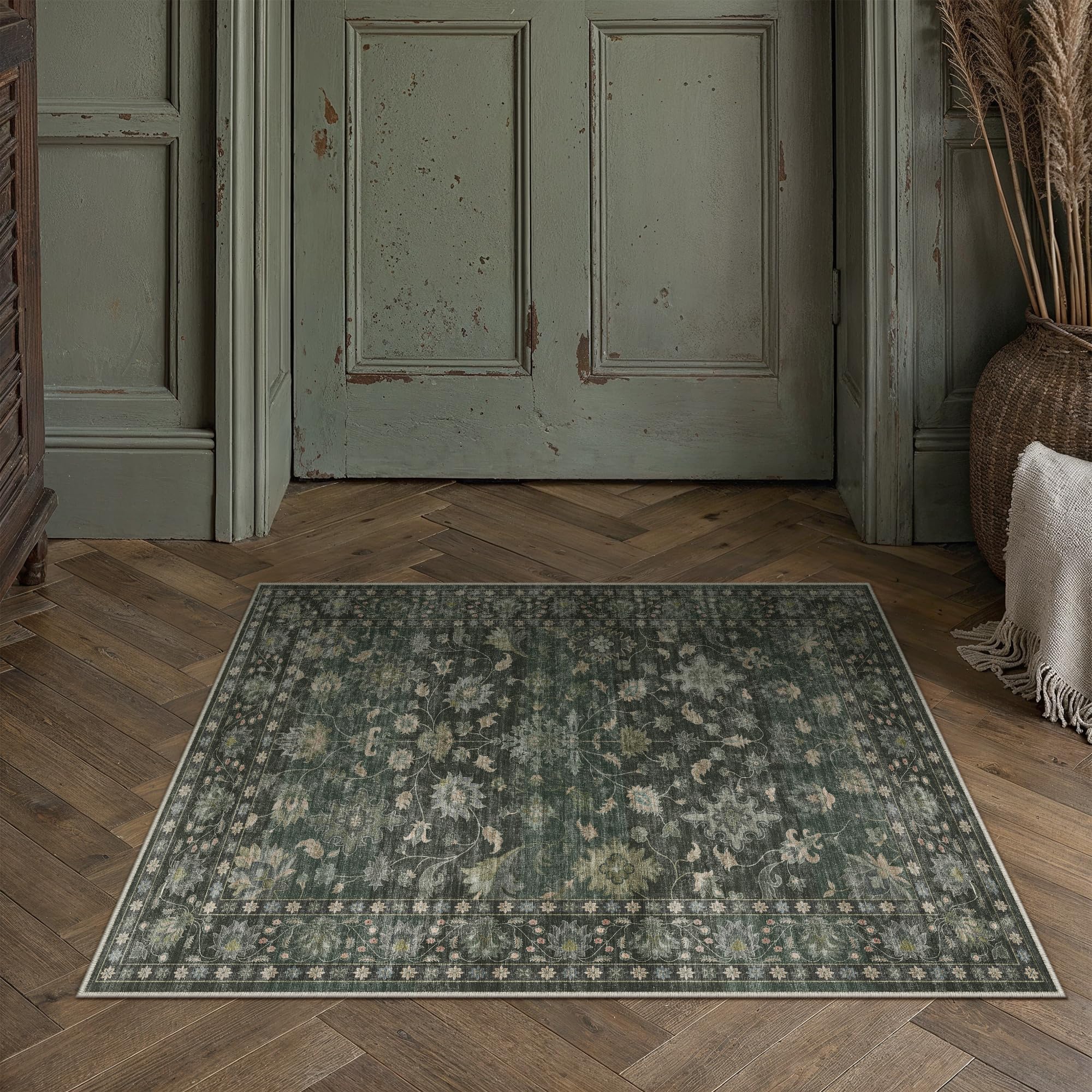 PureCozy Door Mat Indoor 60 x 90 cm Washable Green Vintage Small Rug with Floral Pattern Short Pile Non-Slip Boho Carpet for Entrance Hallway Corridor Bedroom Kitchen