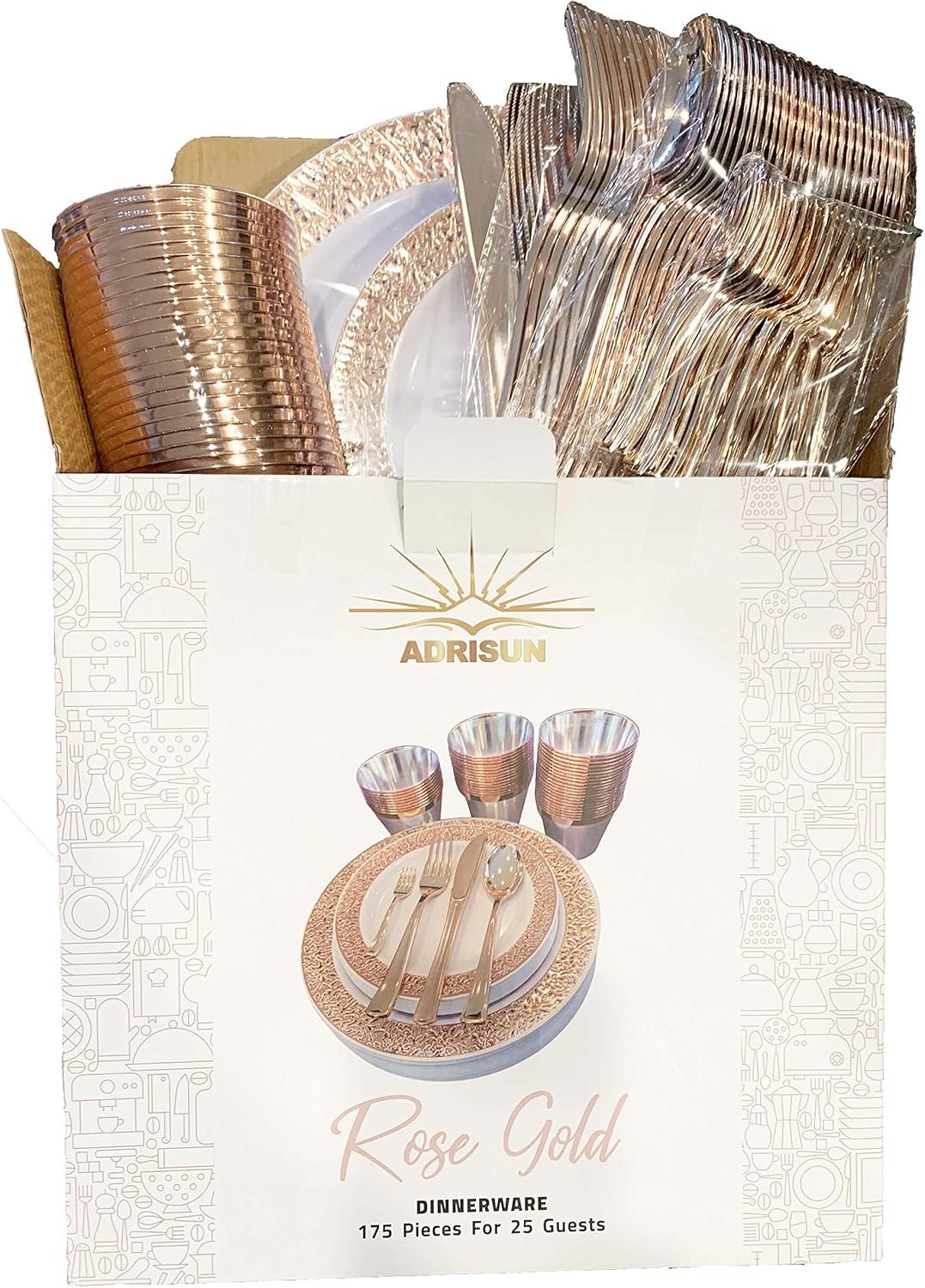 Lowest Price ADRISUN ROSEGOLD 175 pcs 25 Guest. Disposable tableware, Plastic Plates. Plastic Dinnerware include: Plastic Dinner Plates, Plastic Dessert Plates, Plastic Cups,Plastic Forks, Knife, Spoon+ Mini Fork Flash Deals - 60% OFF ADRISUN ROSEGOLD 175 pcs 25 Guest. Disposable tableware, Plastic Plates. Plastic Dinnerware include: Plastic Dinner Plates, Plastic Dessert Plates, Plastic Cups,Plastic Forks, Knife, Spoon+ Mini Fork