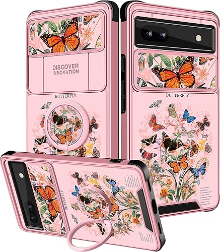 Funermei Funda 2 en 1 para Google Pixel 6A para mujeres, linda funda de mariposa para niñas, diseño único con funda para cámara y soporte de anillo