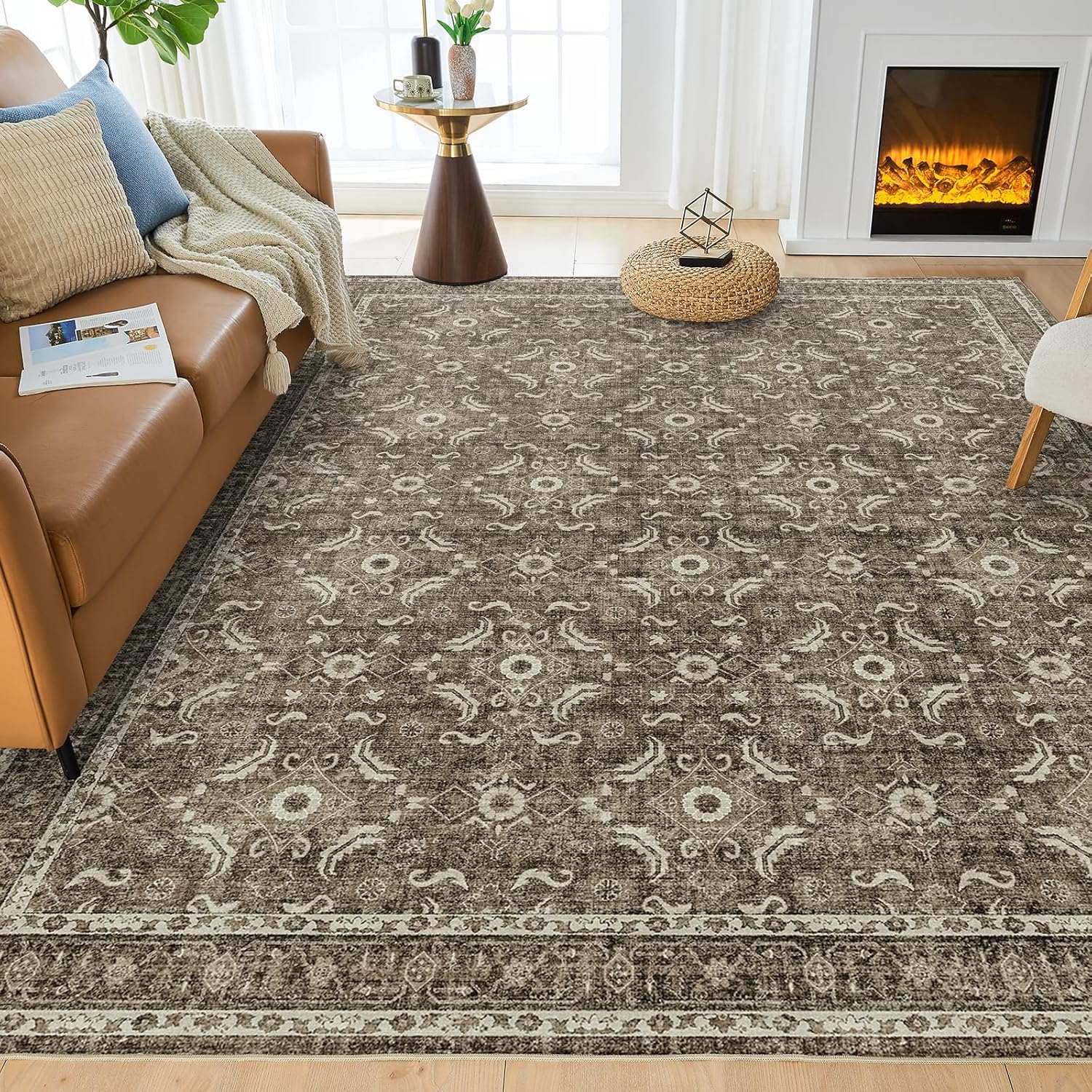 WITSHOCK Living Room Area Rugs 8x10: Soft Non-Slip Backing Washable Rugs Vintage Large Carpet for Bedroom Office Dining Room Kitchen Stain Resistant Home Decor Rug 8' x 10' (Rectangular) Dark Brown