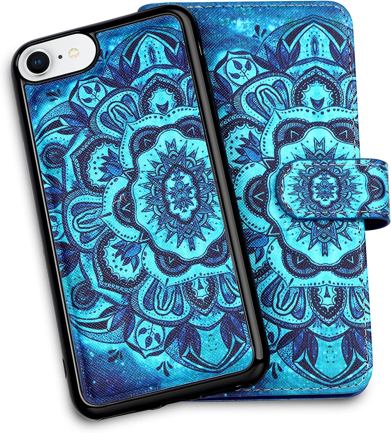 Vofolen for iPhone 7 case iPhone 8 Cover 2-in-1 Wallet Card Holder Slot Detachable Strap Protective Slim Hard Shell Magnetic PU Leather Folio Pocket Flip for iPhone 7 8 SE2 Mandala Blue