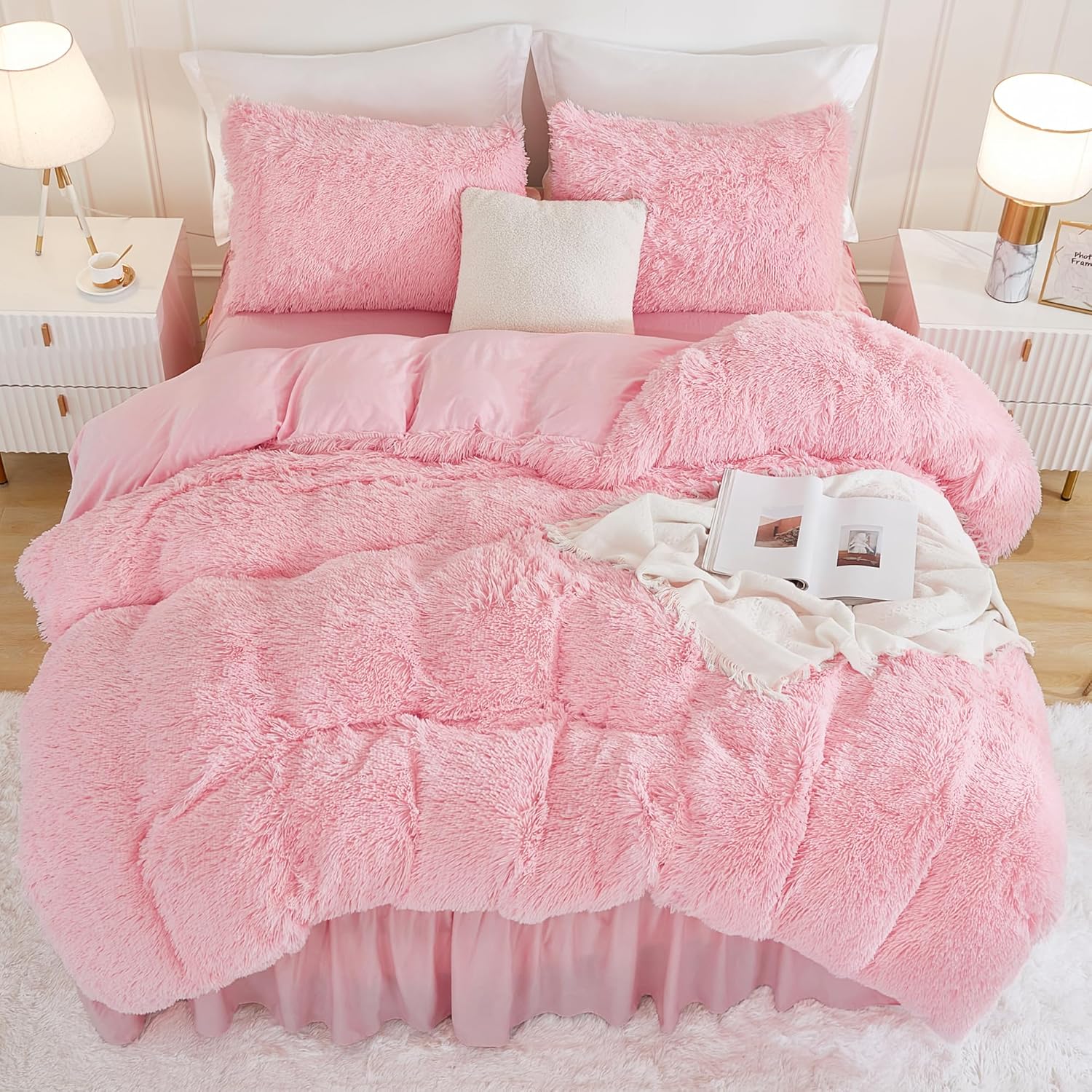 Andency Faux Fur Pink Comforter Set Queen Size, 3 Pieces Fluffy Fuzzy Plush Bedding Comforter Set (1 Shaggy Velvet Comforter & 2 Pillowcases), Soft Puffy Comfy Down Alternative Comforter Bedding Set