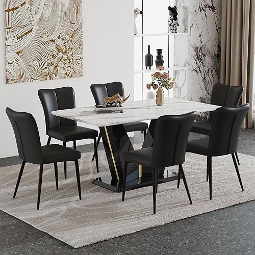 Miniatura 20 de Juego de mesa de comedor de mármol para 6, 7 piezas, juego de mesa de comedor rectangular moderna de 63 pulgadas para 6, juego de comedor de 6 Mesa