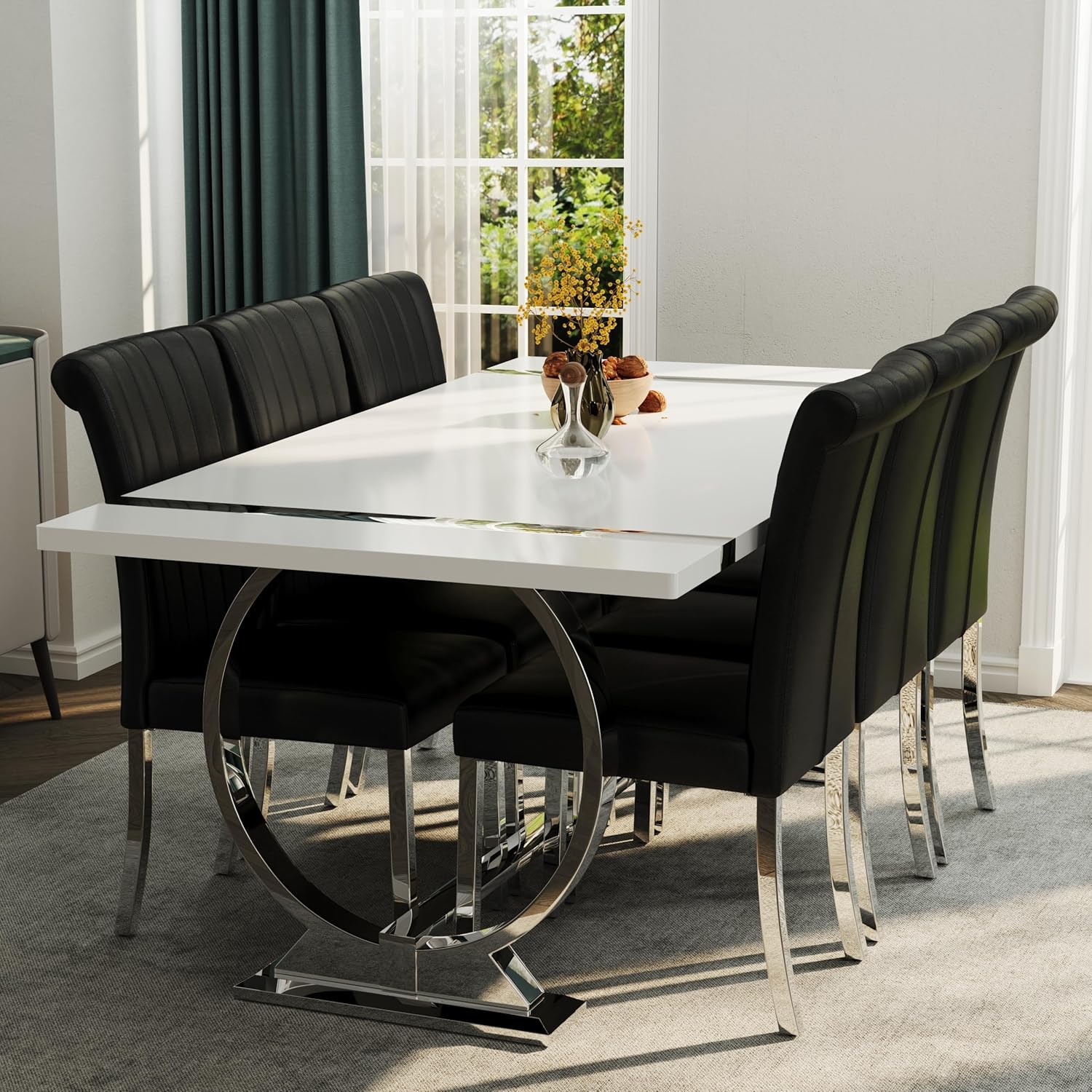 ACEDÉCOR 7-Piece White and Silver Dining Table Set for 6,