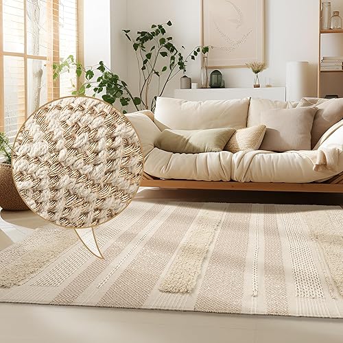 Miniatura 2 de SUMGAR Alfombra de área beige de 5 x 7 pies, alfombra bohemia tejida de algodón con textura gruesa, color crema neutra, alfombra suave hecha a mano