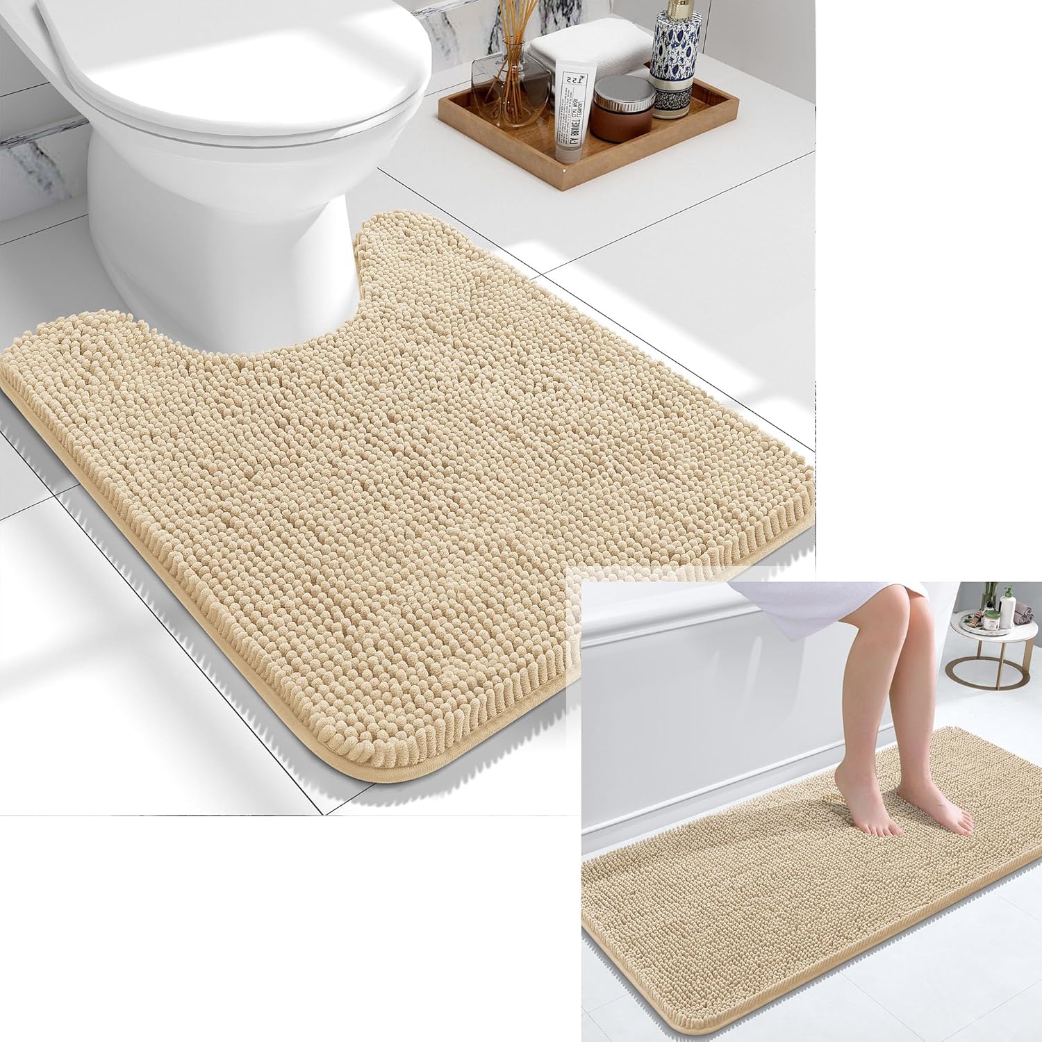 OLANLY Chenille Bath Rugs and Toilet Rugs U-Shaped, Bath Rug Size 47x20 and Toilet Rugs Size 24x20 in Beige, 2 Item Bundle