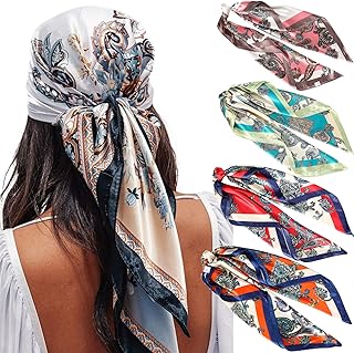 35” Satin Large Square Head Scarves - 4PCS Silk Like Neck Scarf Hair Sleeping Wraps Lightweight Satin Silk Scarfs for Women