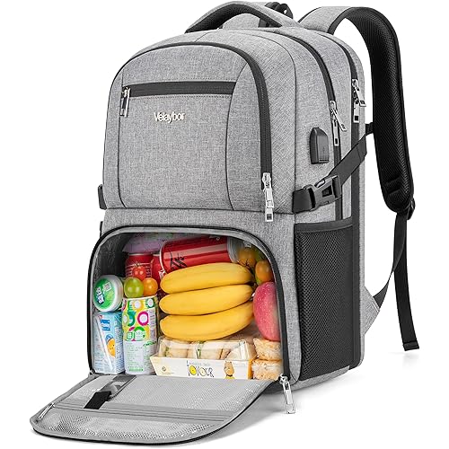 Velaypor Insulated Lunch Backpack, Water Resistant Polyester, USB Charging Port, Multiple Compartments for Work, School (Gray)