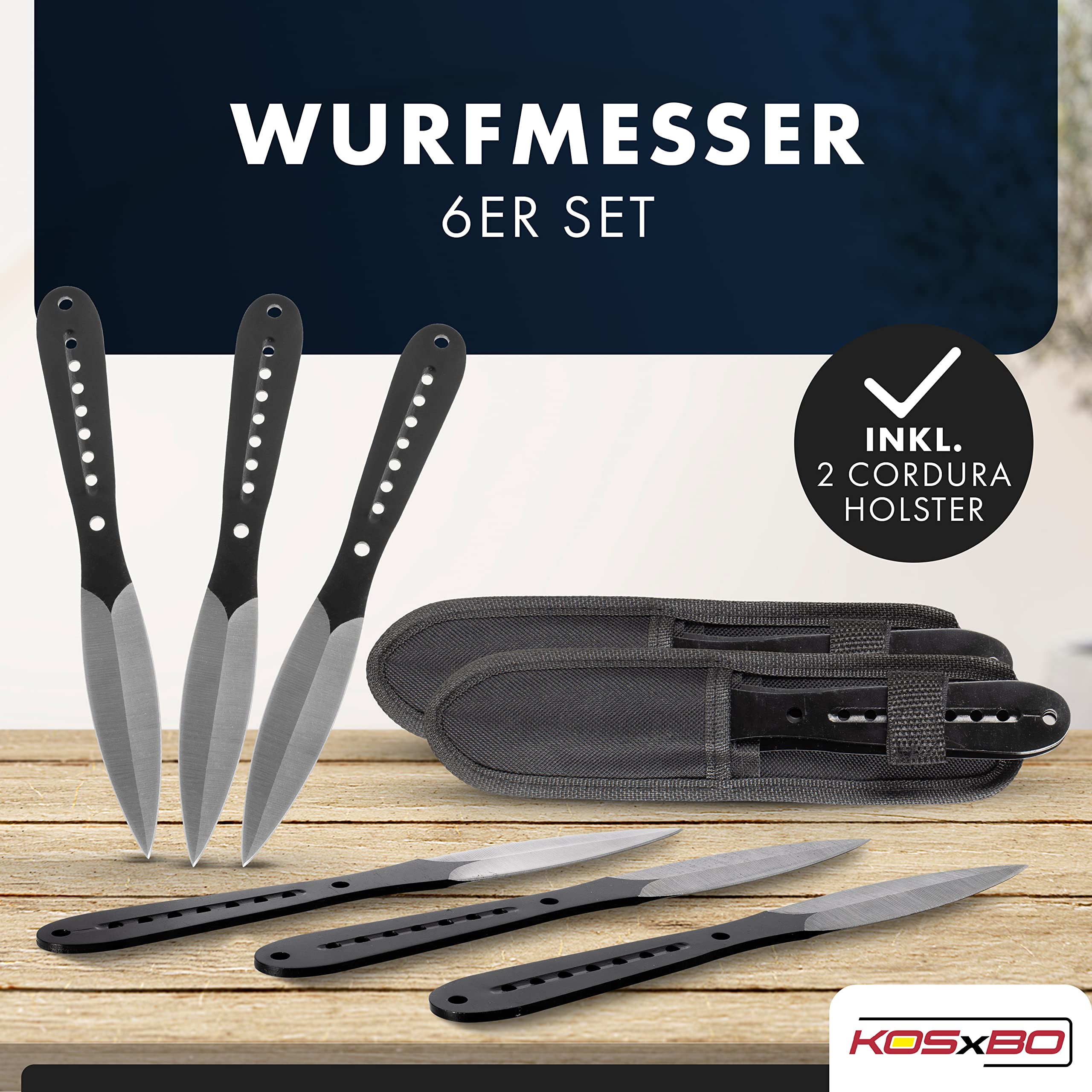 KOSxBO® 6 teiliges Wurfmesser Set 22,5 cm schwarz Tomahawk Edition inklusive Cordura Holster mit Gürtelclip 6 hochwertige Throwing Knives - Ninja Wurfmesser