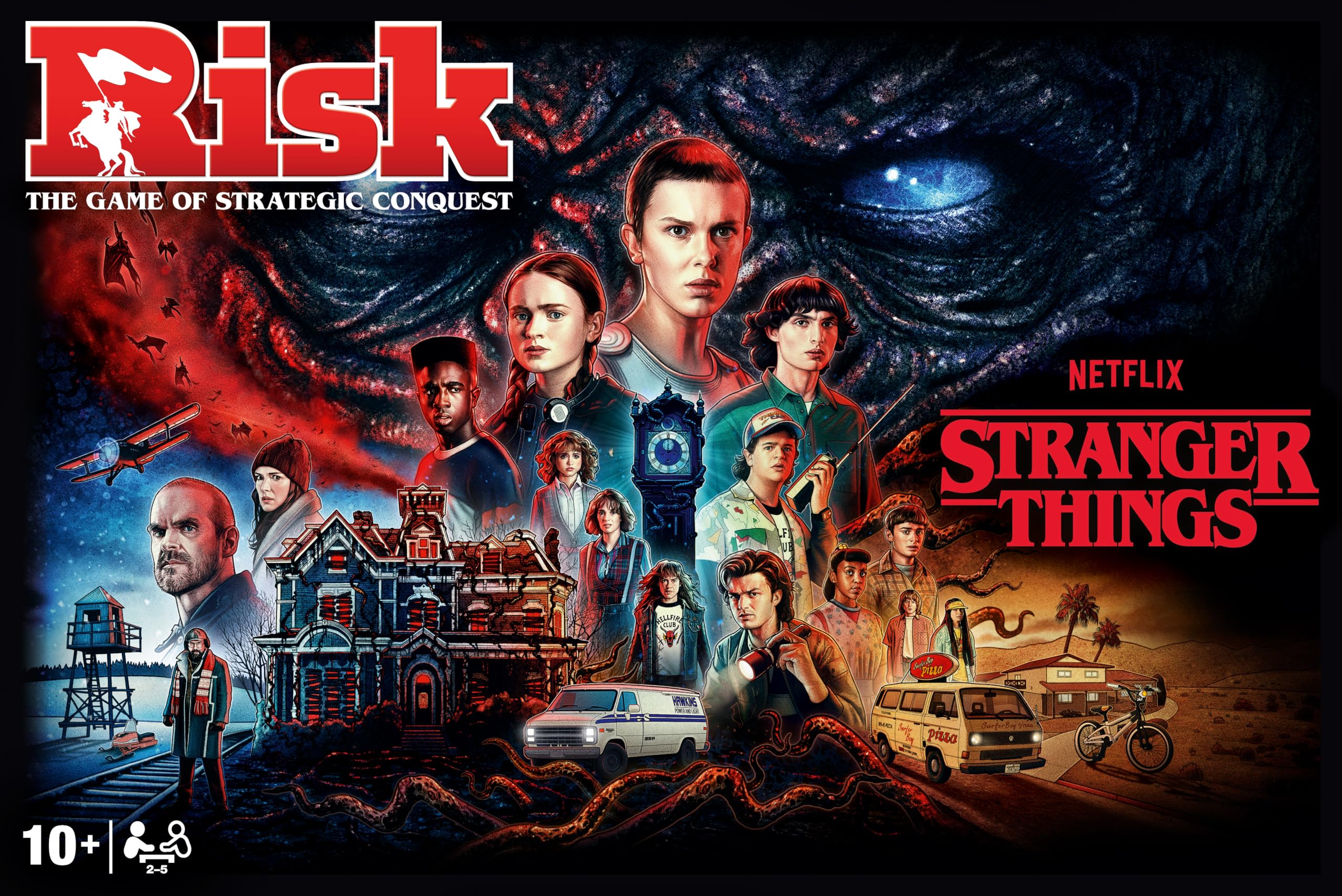 Stranger Things RISK gra planszowa rodzinna gra strategiczna wykorzystuje taktykę, dyplomację i zasoby 2-5 graczy i stanowi świetny prezent dla fanów w wieku od 15 lat
